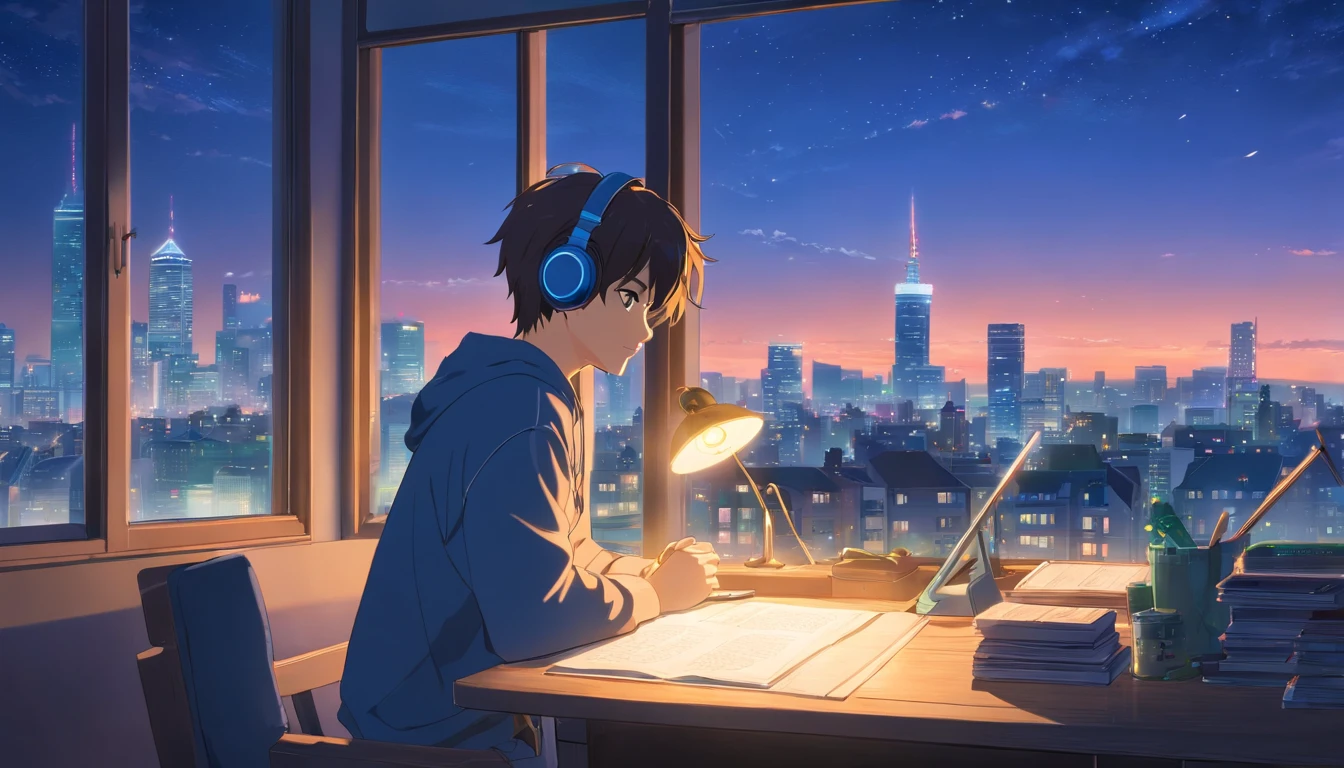 masterpiece, best quality, movie still, 1boy with headphones, bedroom, reading, desk with lamp, city view outside window, bright, happy, night time, relaxing, (sparks:0.7)