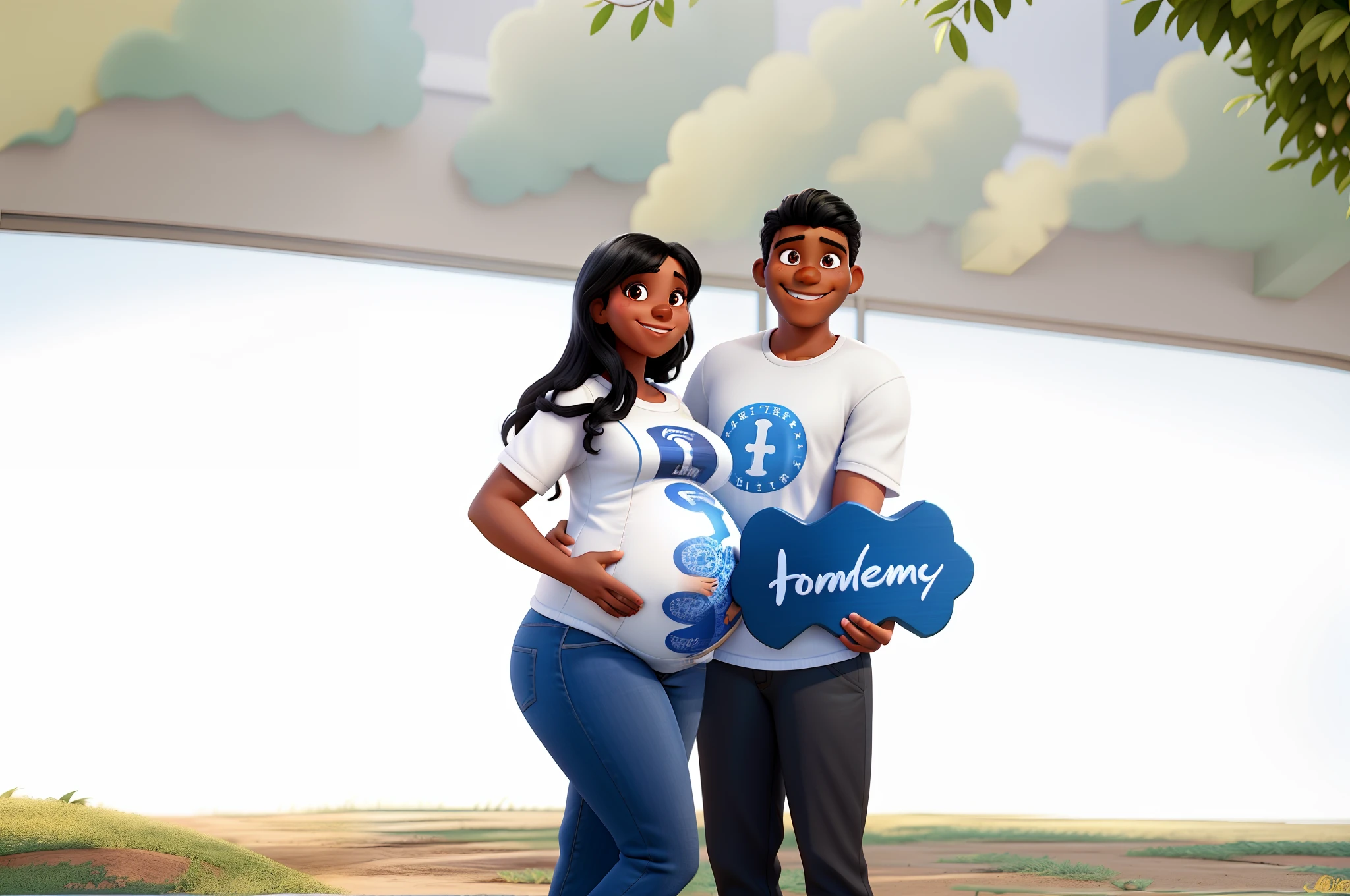 Pregnant woman smiling black hair, homem moreno , cabelo preto, liso sorrindo, homem segurando uma placa com nome Anthony, estilo Disney Pixar,alta qualidade, melhor qualidade.