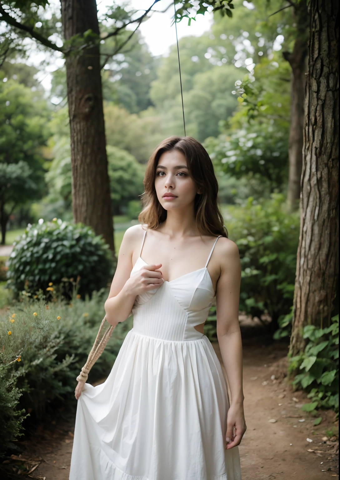 Instant Shot, vento, Forest lightning light, (mulher:1), (Cabelo cromado alto, Cabelo absurdamente comprido:1.36), Mechas de gengibre melado fluindo, olhos verdes penetrantes, vintage-inspired dress, cores suaves, Renda delicada, classic elegance. swing: de madeira, Fotografias: Impressionante mistura de charme vintage e beleza natural, timeless elegance, rustic simplicity, reminiscent of simpler times, carefree spirit, warm and peaceful, classic Americana. NaturalHand2-3500, Textura natural da pele, Hiper-realismo, HDR, Hiperdetallado, Foto RAW, fotorrealista, melhor qualidade, high resolutions, realista, 8k, caustics, dynamic light, beautiful and delicate lips, dedos delicados, aluno detalhado, pele humana real, latex azul escuro.
