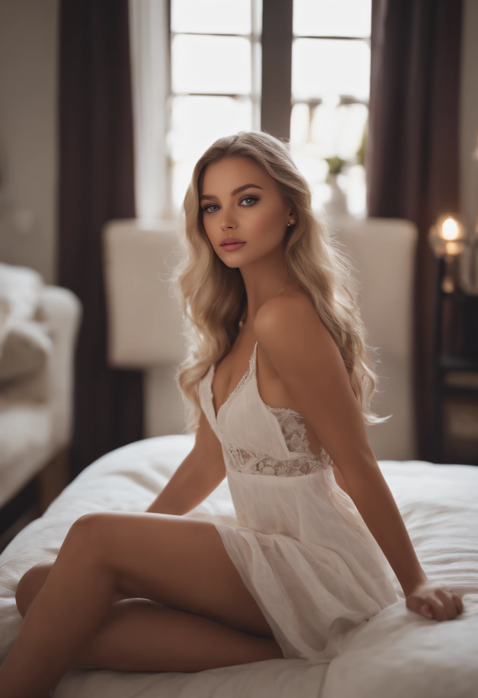 arafed woman fully , sexy girl with blue eyes, ultra realistic, meticulously detailed, portrait sophie mudd, blonde hair and large eyes, selfie of a young woman, bedroom eyes, violet myers, without makeup, natural makeup, looking directly at the camera, face with artgram, subtle makeup, stunning full body shot kneeling on bed, in bedroom, large size bust