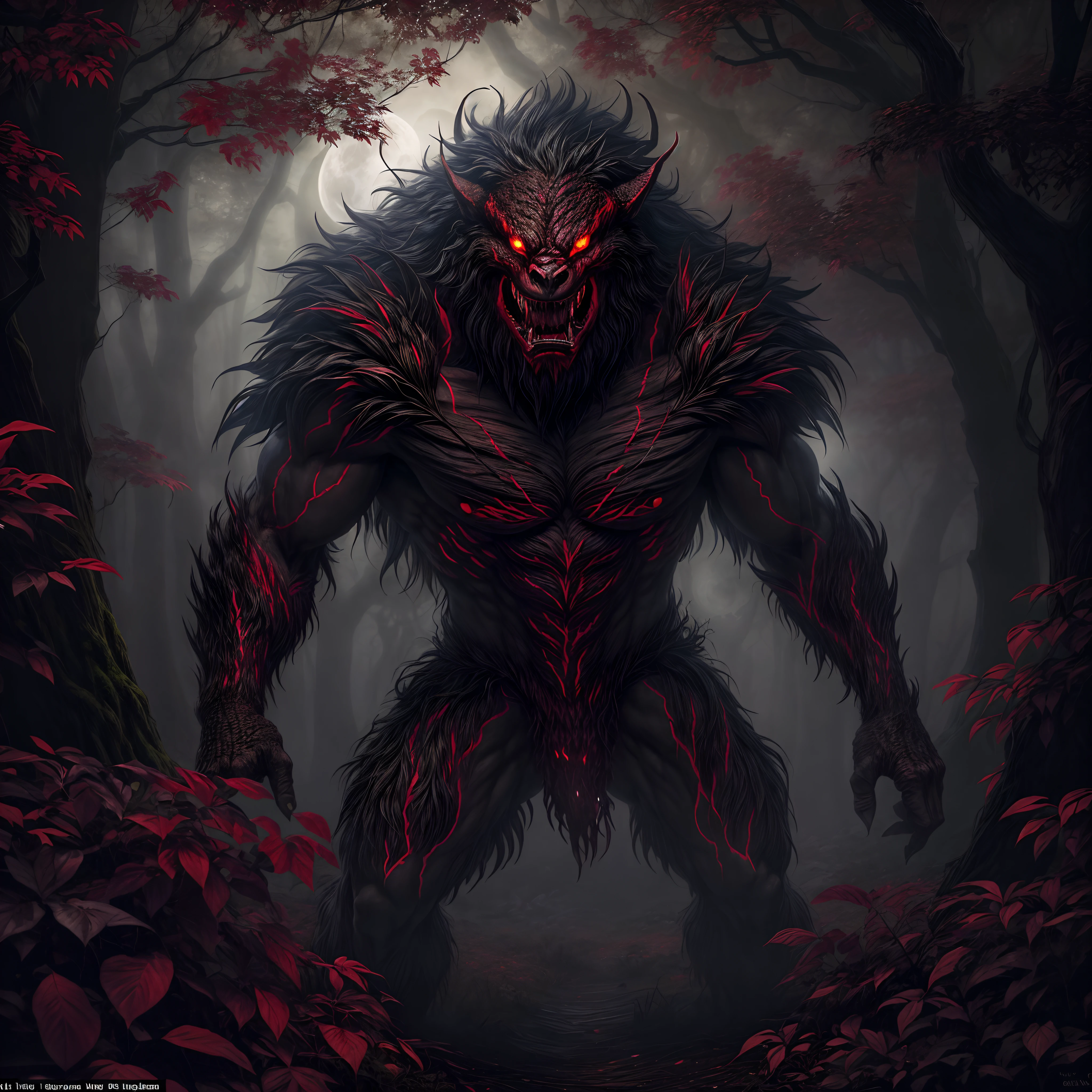 fantasy art, RPG art, ultra wide shot, RAW, photorealistic, A giant, hairy humanoid creature with a dark complexion and glowing red eyes. It is wearing a loincloth made of leaves and vines. Its face is twisted into a grotesque grin, and its sharp teeth are bared. It is standing in a dark forest, surrounded by mist., its night time, moon rises in the horizon, yet there is a pair of red predator eyes you see between the trees,