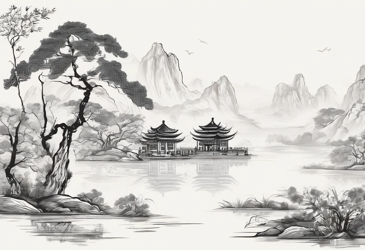Chinese,Chinese landscape,Traditional Chinese painting,Ancient rhyme Jiangnan,Yamakawa,Cypress,Pavilions,Leave white space,elegant,، simple,abstracted