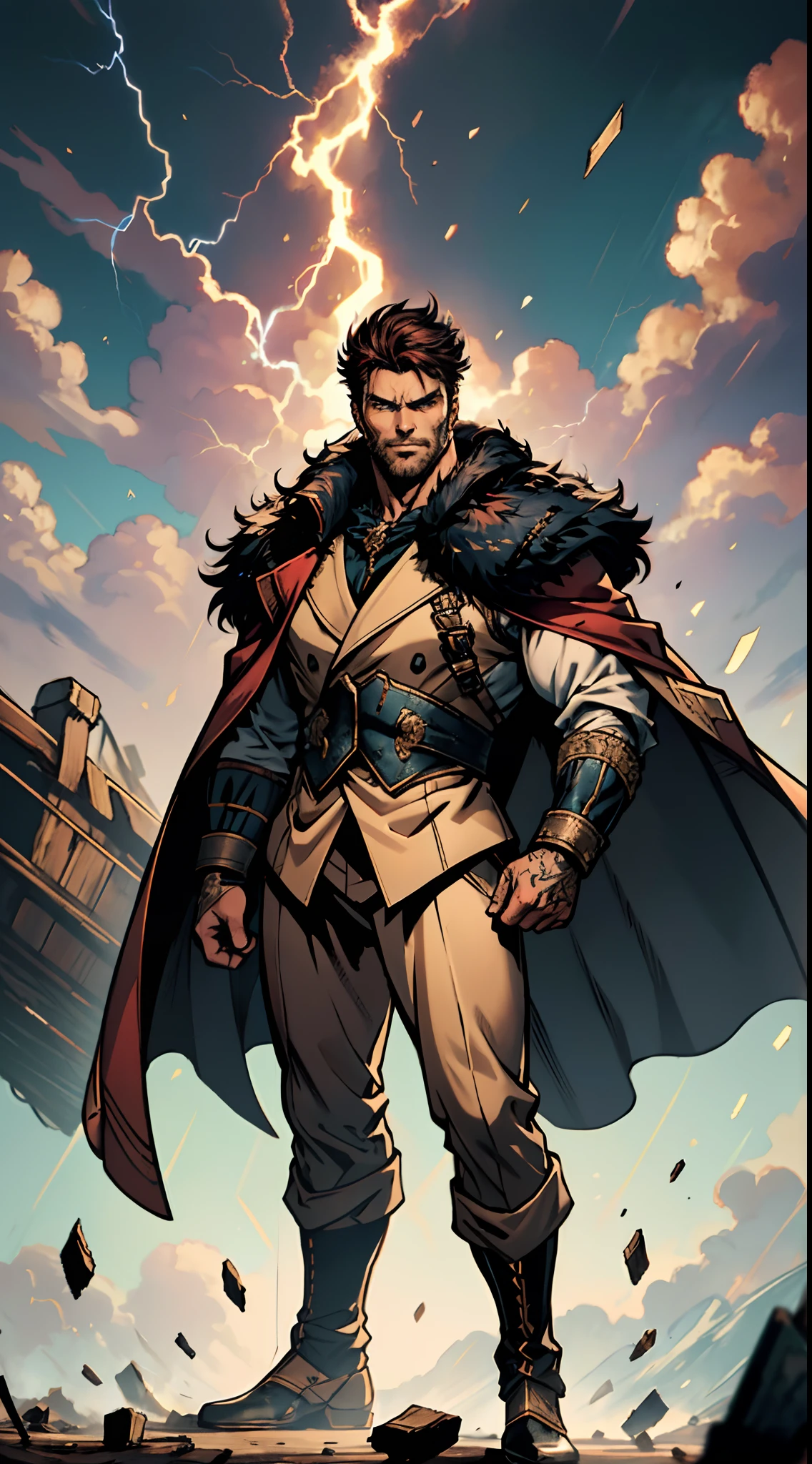 A middle-aged man of about 40, long hair in a striking red and black combination, wild and disheveled hairstyle, a fierce gaze, a confident smile, A lightning-shaped tattoo adorns his left face , a sturdy physique, a majestic fantasy-style coat with short sleeves, a form-fitting scale armor undershirt, Black fur shawl, wrist guards on his wrists, coarse cloth pants, e stands tall like a divine figure against a background of crumbling earth, with floating debris all around, this character embodies a finely crafted child with a fantasy-style dominant in anime style, characterized by an exquisite and mature manga illustration art style, high definition, best quality, highres, ultra-detailed, ultra-fine painting, extremely delicate, professional, anatomically correct, symmetrical face, extremely detailed eyes and face, high quality eyes, creativity, RAW photo, UHD, 8k, Natural light, cinematic lighting, masterpiece-anatomy-perfect, masterpiece:1.5