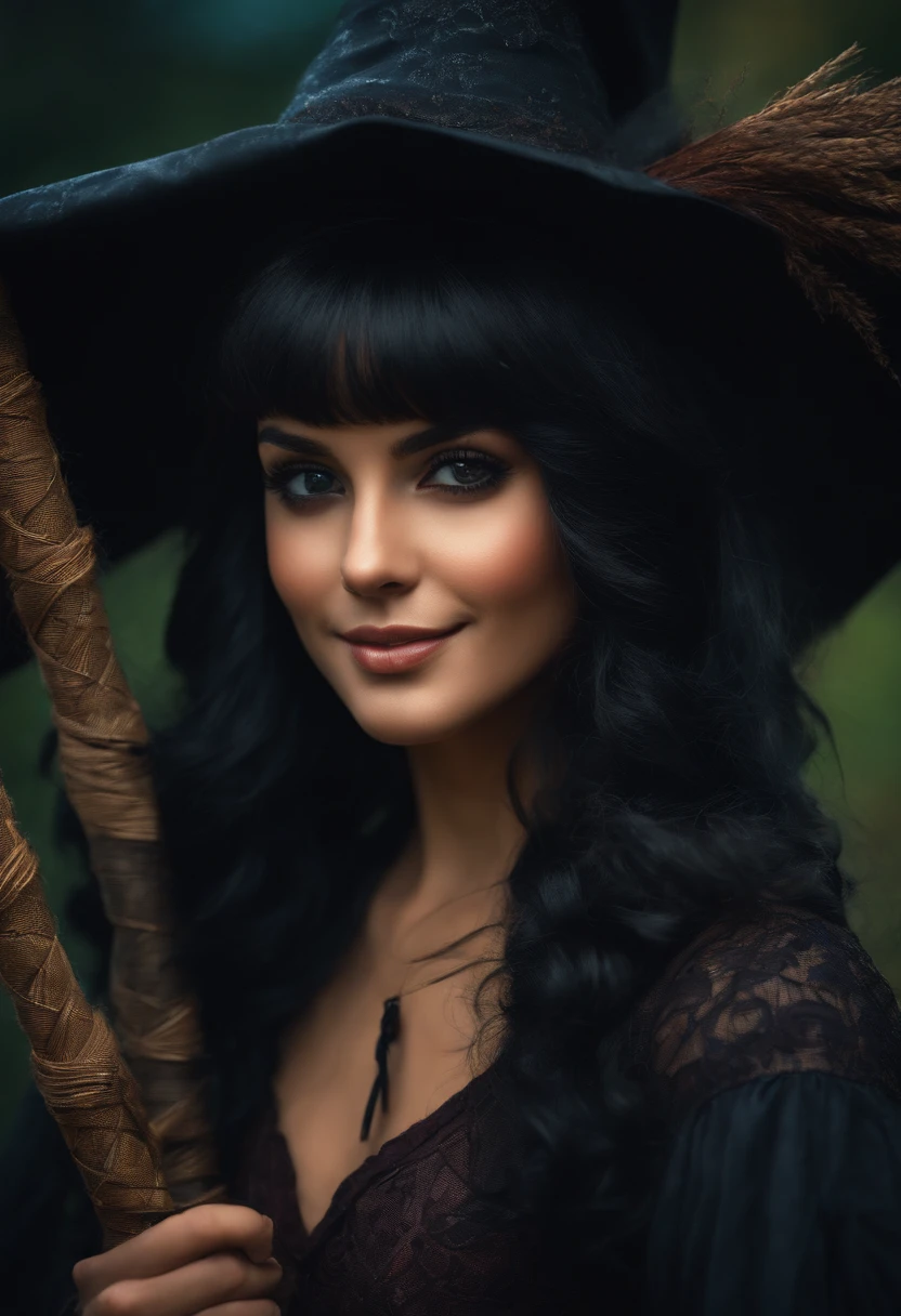 Young witch girl with her broomstick, black hair, black eyes and seductive smile