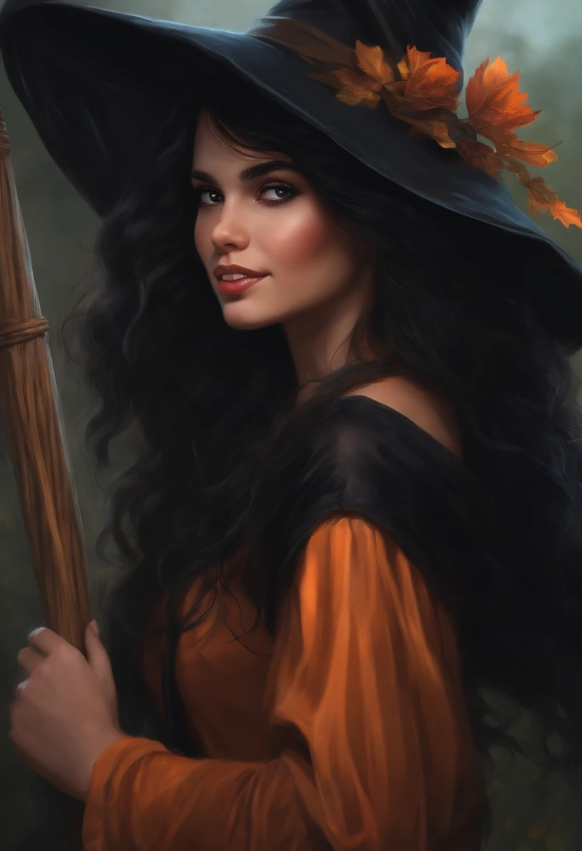 Young witch girl with her broomstick, black hair, black eyes and seductive smile
