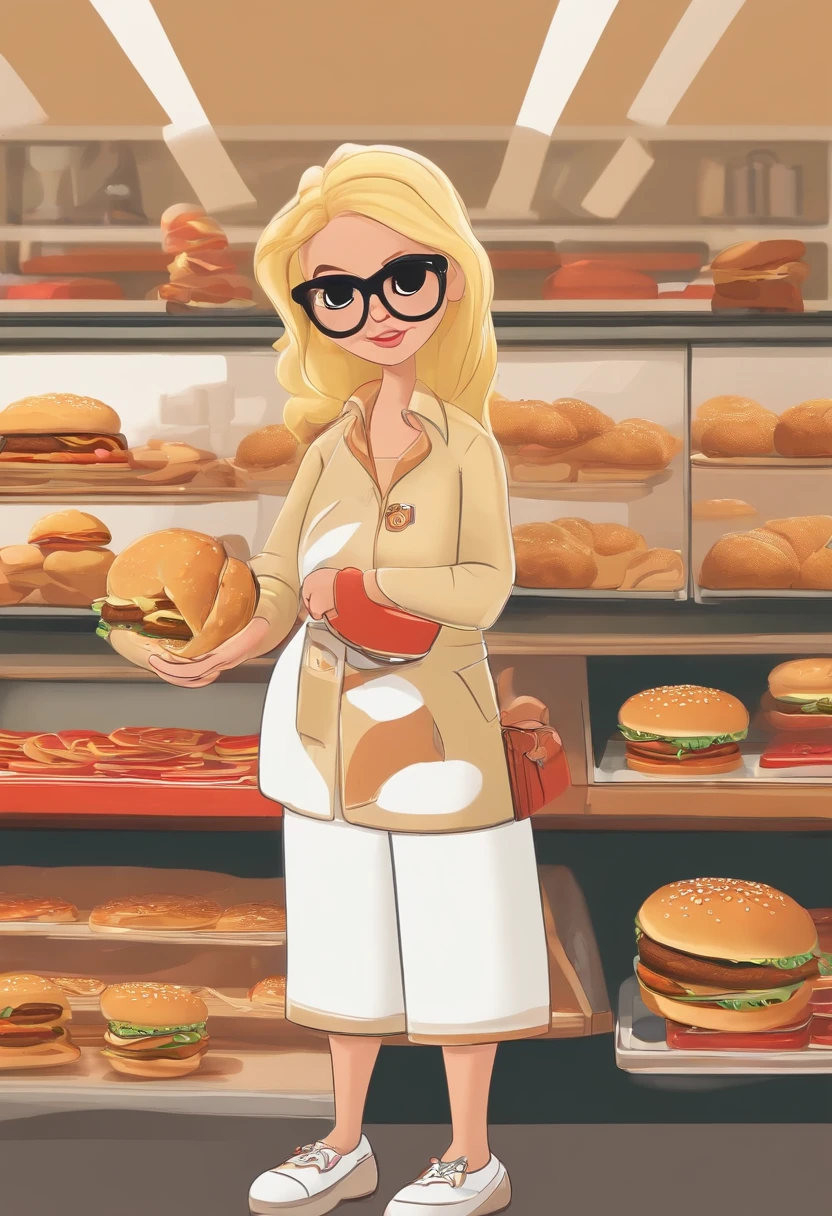 Make a family of 3, um pai de oculos, A blonde mom in a blazer and wide leg pants, uma menina de 2 anos com chuca no cabelo, , como Disney Cartoon, She's eating hamburger, Pixar, ..3d, Disney, poster pixar