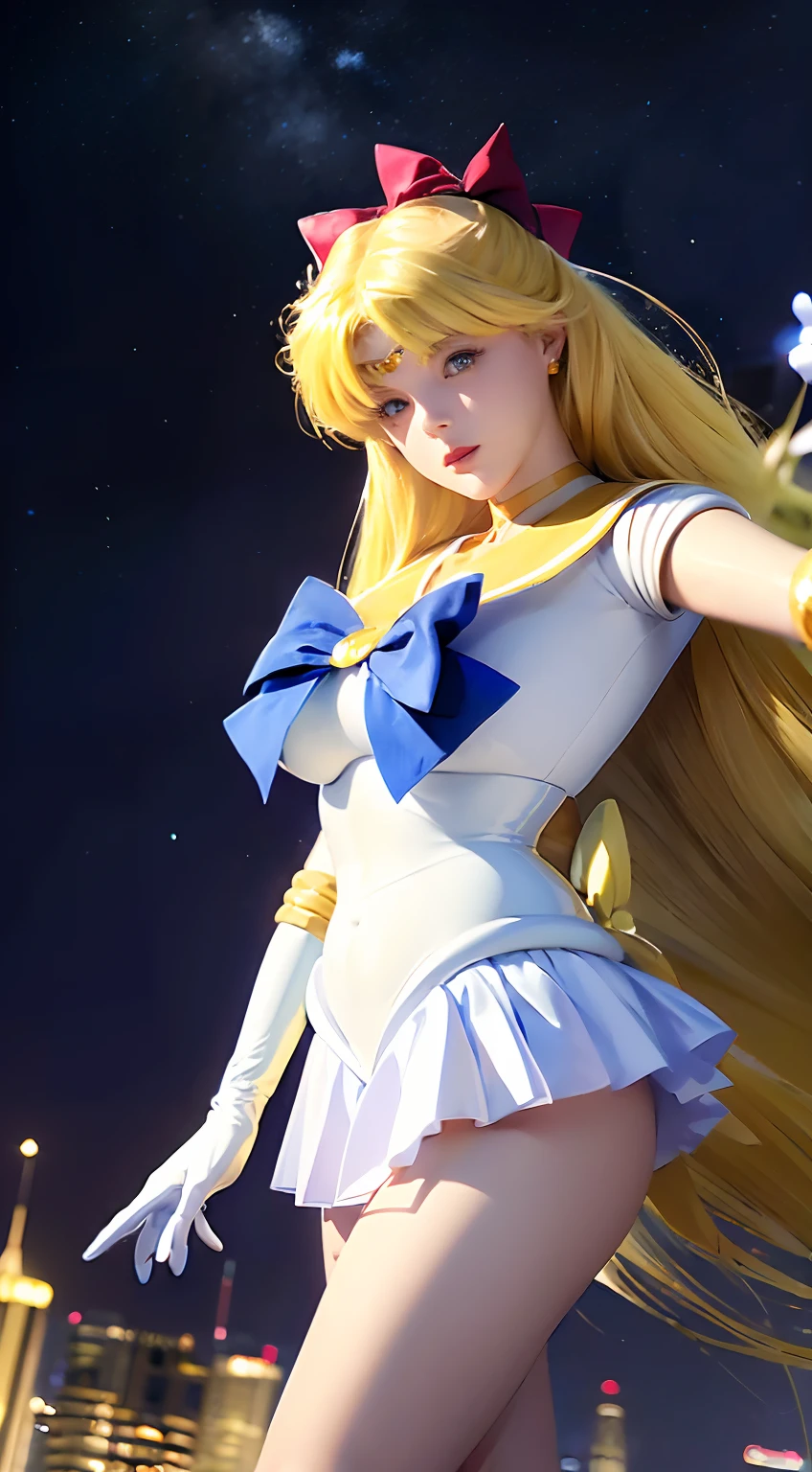 ((masterpiece:1.4)、(top-quality:1.4)、(reallistic:1.7))、masuter piece:1.4、a beauty girl、(Sailor Moon:1.4)、Tsukino Usagi、Body Fit Sexy Sailor Senshi Uniform、(latex shiny)、(The jacket is a white sleeveless sailor suit)、(Skirt is blue sexy ultra ultra mini skirt)、The collar of the sailor suit is blue with two thin lines.、high leg swimsuit、Red cloth ornament at chest、(Wearing white gloves)、Kawaii Girl、Super beauty、foco nítido、Portrait photos、Upper body photography:1.4、Beautiful expression、beautidful eyes、Narrow waist、(Yellow hair:1.4)、(length hair:1.2)、Raw photo、red-lips、Red high heels:1.4、a choker:1.4、a necklace:1.4、耳Nipple Ring:1.4、Luxurious golden tiara on forehead:1.4、1 screen display、Outdoor landscape
