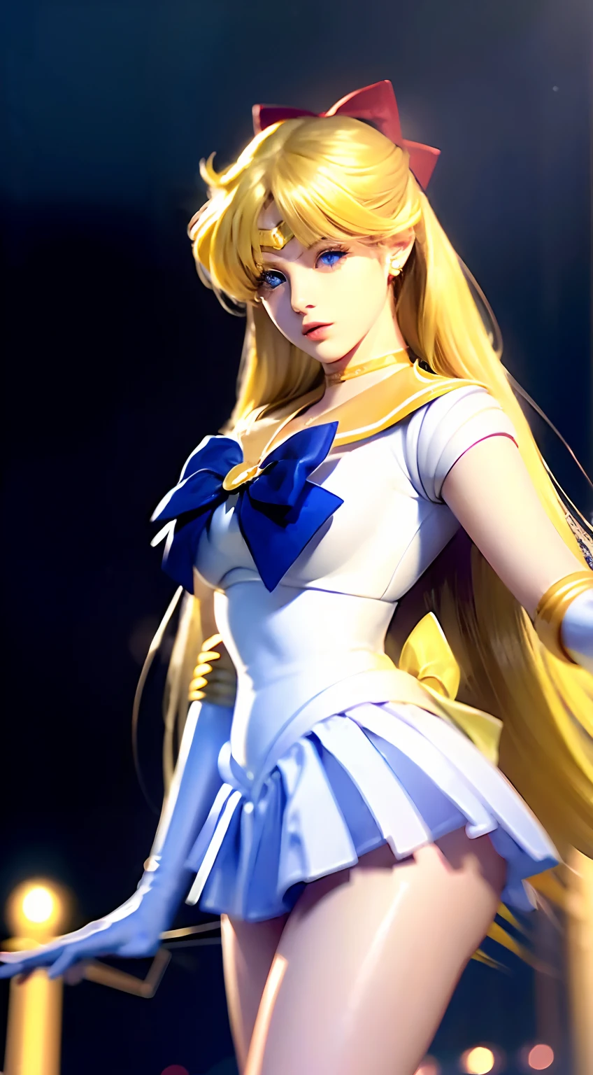 ((​masterpiece:1.4)、(top-quality:1.4)、(reallistic:1.7))、masuter piece:1.4、a beauty girl、(Sailor Moon:1.4)、Tsukino Usagi、Body Fit Sexy Sailor Senshi Uniform、(latex shiny)、(The jacket is a white sleeveless sailor suit)、(Skirt is blue sexy ultra ultra mini skirt)、The collar of the sailor suit is blue with two thin lines.、high leg swimsuit、Red cloth ornament at chest、(Wearing white gloves)、Kawaii Girl、Super beauty、foco nítido、Portrait photos、Upper body photography:1.4、Beautiful expression、beautidful eyes、Narrow waist、(Yellow hair:1.4)、(length hair:1.2)、Raw photo、red-lips、Red high heels:1.4、a choker:1.4、a necklace:1.4、耳Nipple Ring:1.4、Luxurious golden tiara on forehead:1.4、1 screen display、Outdoor landscape