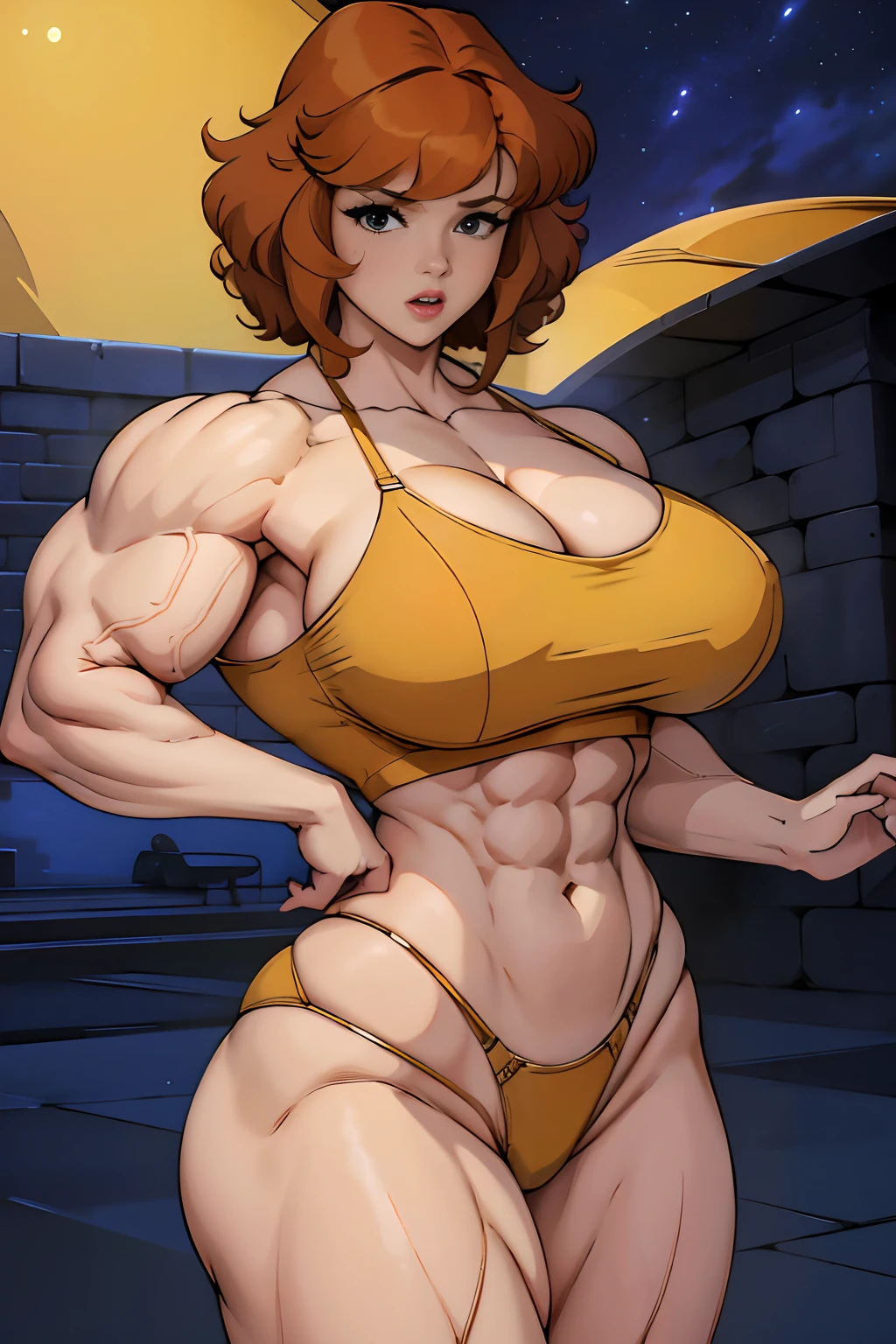 Cowboy shot, April O'Neill, 1980s \(style of\), 1girl, brown hair, orange hair, retro artstyle, Short hair, Yellow bikini, very large_pectorals, wide hips, cleavage, night city background, cute face, Protruding Breasts, nice hands, perfect arms, Torpedo Tits, Hypermuscular Body, Very muscular girl, Super Huge Biceps
