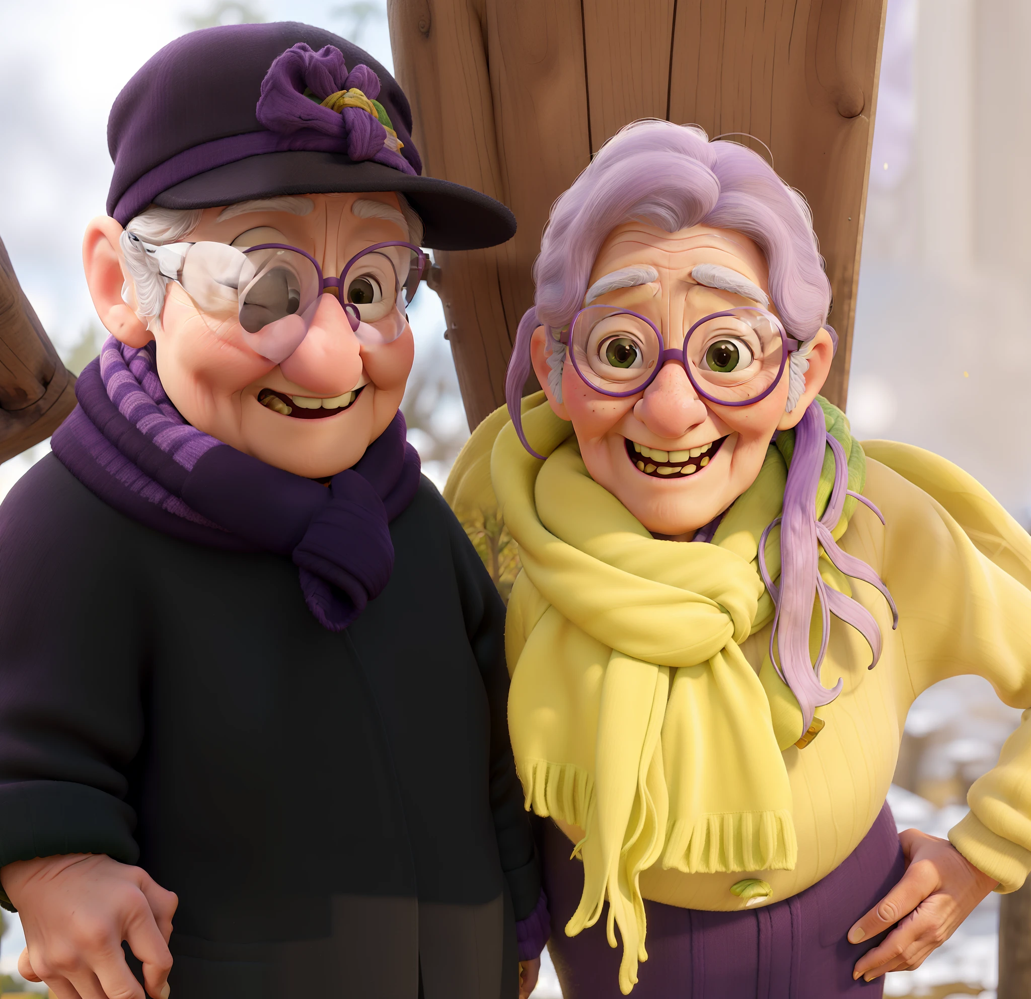 masterpiece, best quality, an old woman with glasses and a scarf on, wearing a purple coat and green scarf, standing at the park