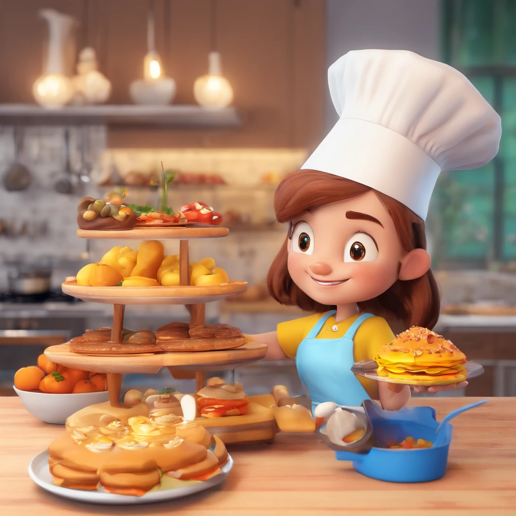 Crie uma cena de desenho animado estilo 3d -Pixar, Onde um de cabelos crespos castanhos com 2 anos de idade, She's cooking dressed as a pastry chef.