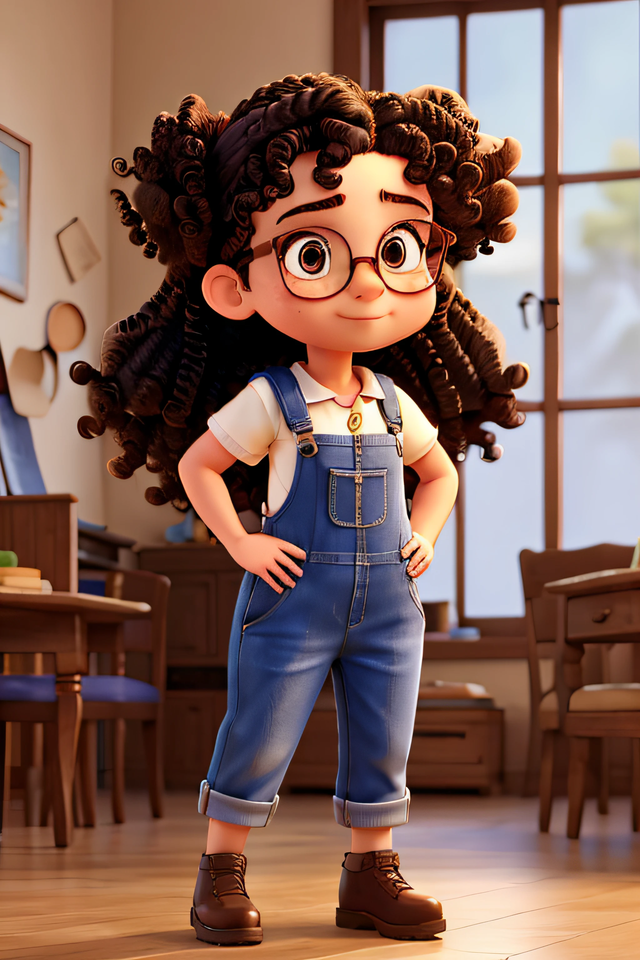 A girl with curly hair up and glasses. wearing overalls