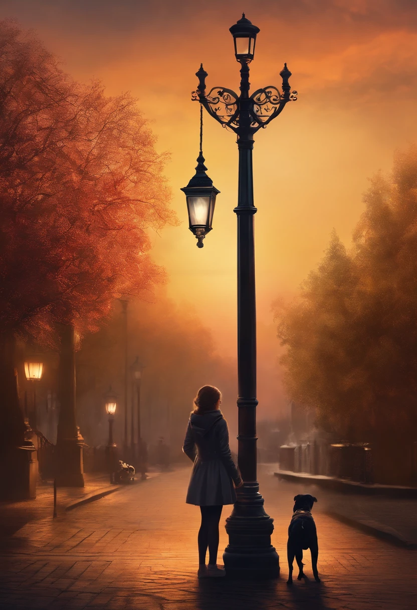 A girl stands next to a lamppost with a dog on her hands,hand painted style