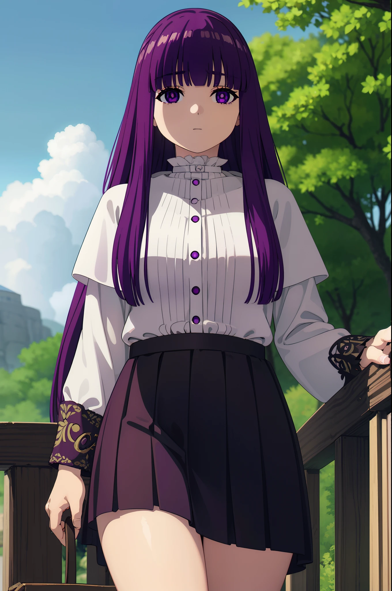 fern, long hair, bangs, (purple eyes:1.1), purple hair, mini skirt, thigh, outdoor, looking at viewer, cowboy shot, (masterpiece:1.2), best quality, high resolution, unity 8k wallpaper, (illustration:0.8), (beautiful detailed eyes:1.6), extremely detailed face, perfect lighting, extremely detailed CG, (perfect anatomy)