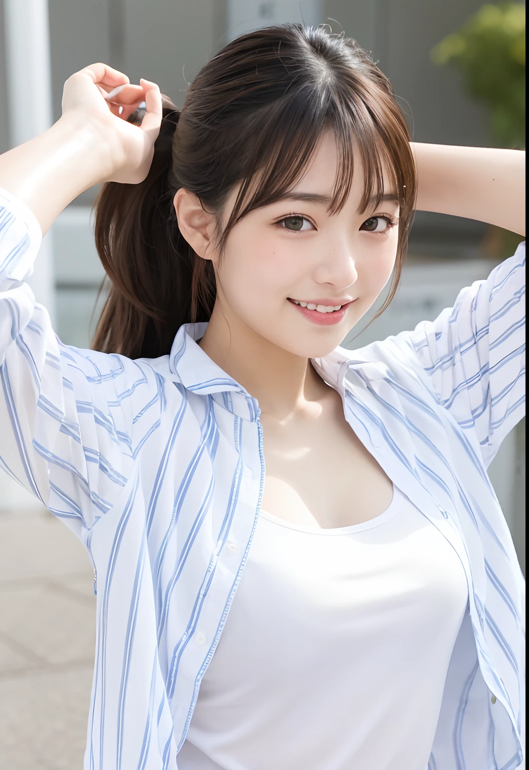 (Ultra Real), (Illustration), (High Resolution), (8K), (Very Detailed), (Best Illustration), (Beautiful Detailed Eyes), (Best Quality), (Ultra Detailed), (Masterpiece), (Wallpaper), (Detailed Face), Night, volleyball uniform、indoor stadium, Up,Armpits, Smile,Plump,Solo,Simple, Sweaty, Japan Person,
