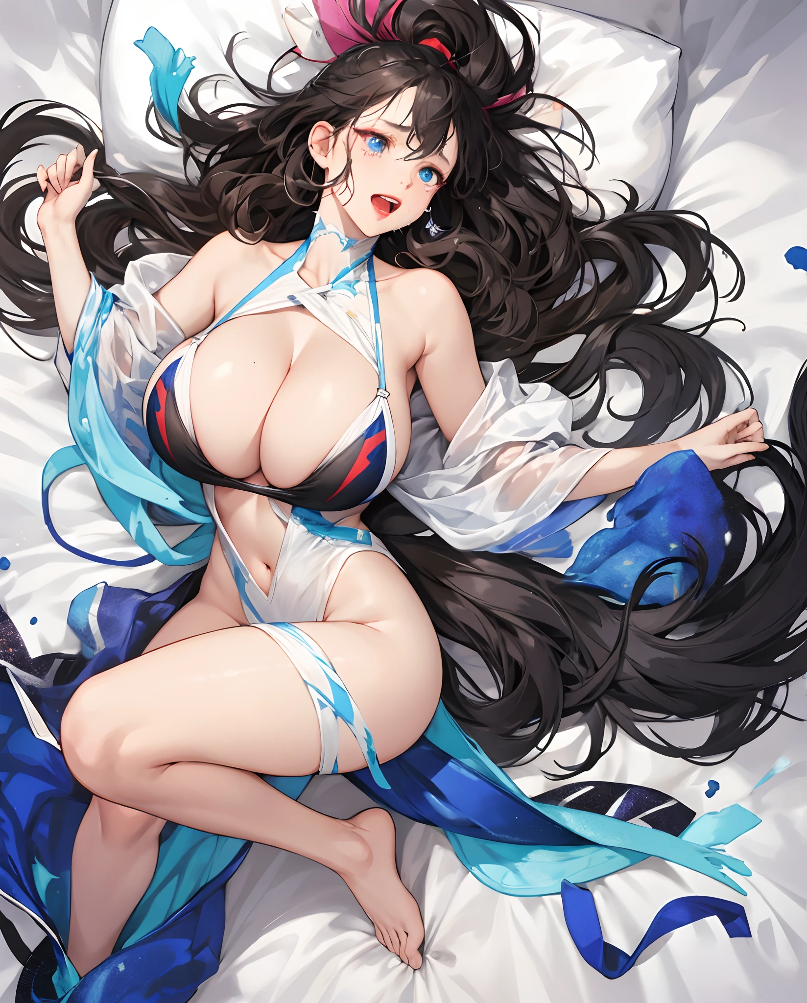 from above, lie on one's back, face up, open mouth wide and stick out tongue, high image, super detail, high resolution, anime, manga, illustration, beautiful woman, cute face, make up, ecstatic expression, amorous expression, seductive look, flowing layered messy glossy white medium short wavy hair, speed line, sparkling blue crying eyes, alluring moist red lips, huge breasts, under boob, side boob, great proportion, perfect proportion, slender, full body, bed room