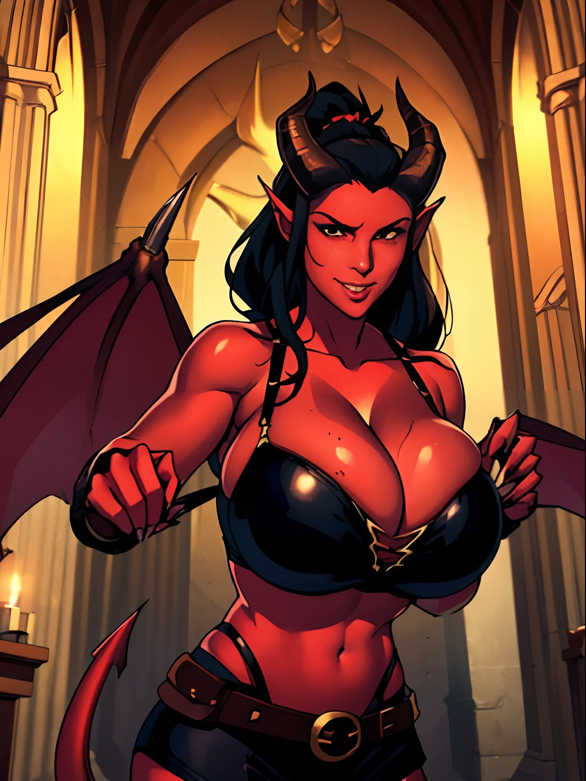 (masterpiece, top quality, best quality, official art, beautiful and aesthetic:1.2), (1girl:1.3), (black hair in big (ponytail)), extremely detailed, portrait, looking at viewer, solo, (full body:0.6), detailed background, close up, (hot medieval church theme:1.1), Tiefling, female, horns, tail, wings, long hair, tail, black hair, dragon girl, dragon horns, blood, scales, dragon wings, (((red skin), colored skin)), extremely busty Tiefling, charlatan, wicked grin, sultry smirk, forked tongue, mysterious, seducing in a cathedral, black ram horns, curled horns, curved horns, demon horns, skimpy leather (sports bra), sleeveless, fingerless gloves, claws, shotgun, ammo belt, shotgun shells, black leather, thong, thigh-high boots, bracers, boots, buckles, straps, ((((gigantic breasts, cleavage, skindentation)))), cute belly button, trim tummy, slim waist, slim hips, long legs, athletic, stained glass windows, candlelight, Medieval Europe, (Cathedral exterior:1.1) background, dark mysterious lighting, shadows, magical atmosphere, dutch angle