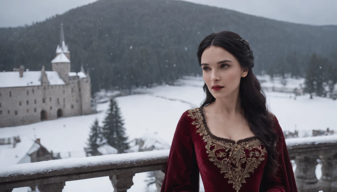 young noble woman with black hair and brown eyes stands on a snowy castle balcony overlooking a snow covered landscape, night, wearing crimson gown, midnight, eerie, snow storm, gothic, cinematic, cinematic scene from film, 8k