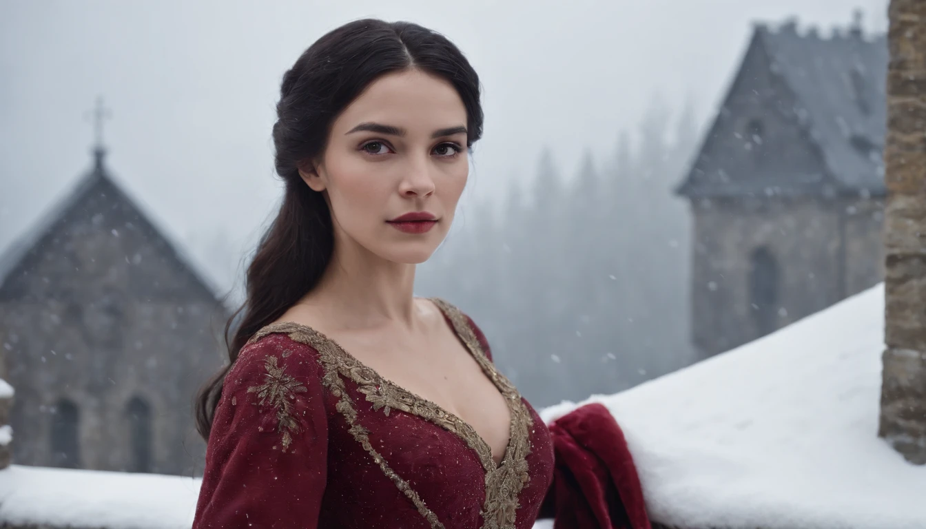 young noble woman with black hair and brown eyes stands on a snowy castle balcony overlooking a snow covered landscape, night, wearing crimson gown, midnight, eerie, snow storm, gothic, cinematic, cinematic scene from film, 8k