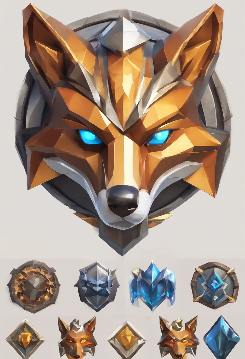 Game medallion with close-up of metal fox head with crown,Close-up of fox head,Estilo de Arte Hearthstone, arte estilo hearthstone, Arte conceitual de Hearthstone, Arte conceitual do jogo Riot, Estilo de League of Legends, iconic character splash art, Coroa de League of Legends,Emblema do jogo,Penas de metal circundantes,cobre ouro,C4D render,menos detalhes,menos detalhamento,Huge metal fox head in the middle,The head has beautiful gemstones