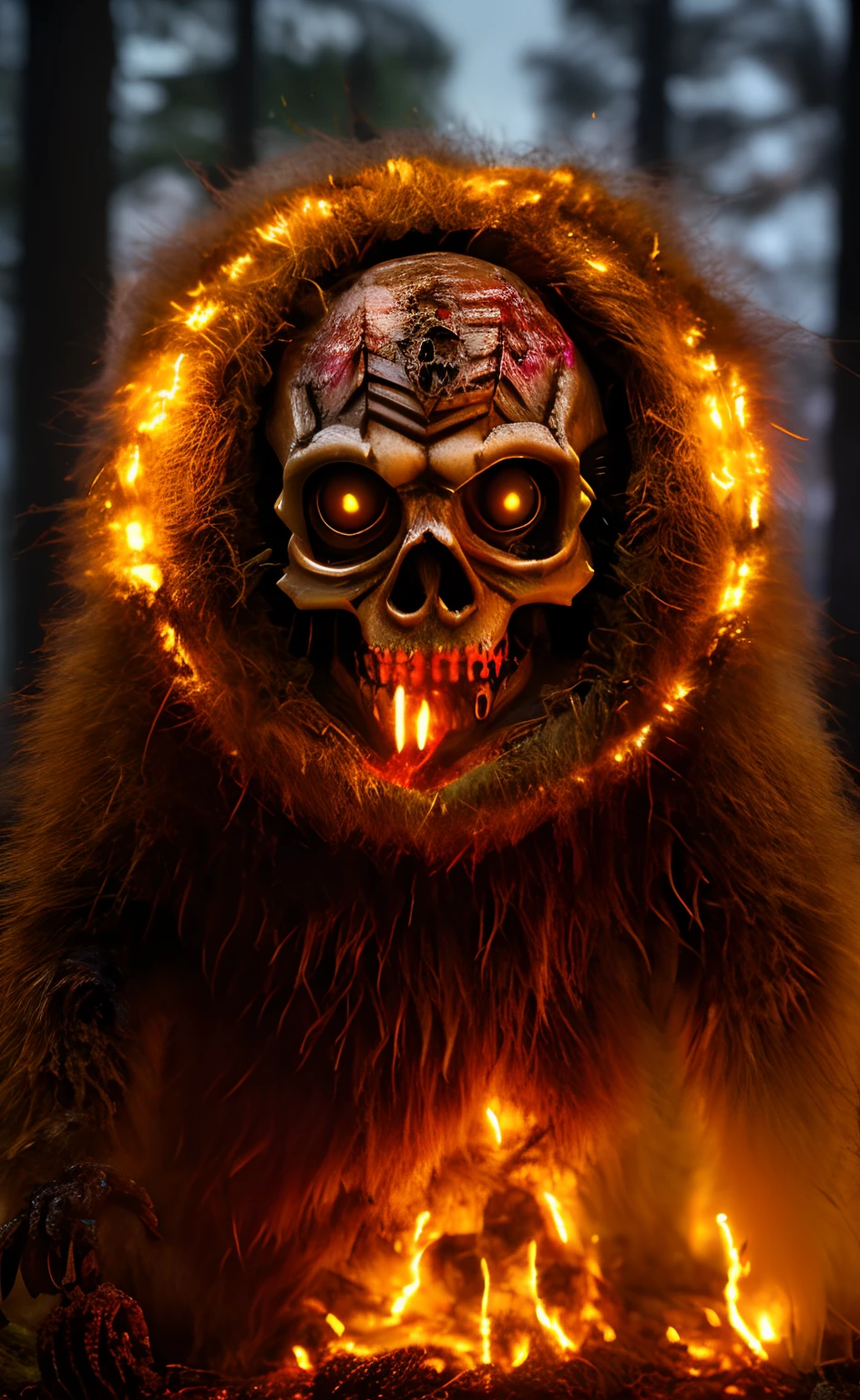 The chattering skull of a groundhog, haunted with glowing eyes, (undead creature:1.5),  on fire, happy Halloween!, very scary, feared, I'm afraid, realistic, witchcraft, 8k photography, mouth open, shocked, dead ghoul, half living, monster, (evil:1.5)