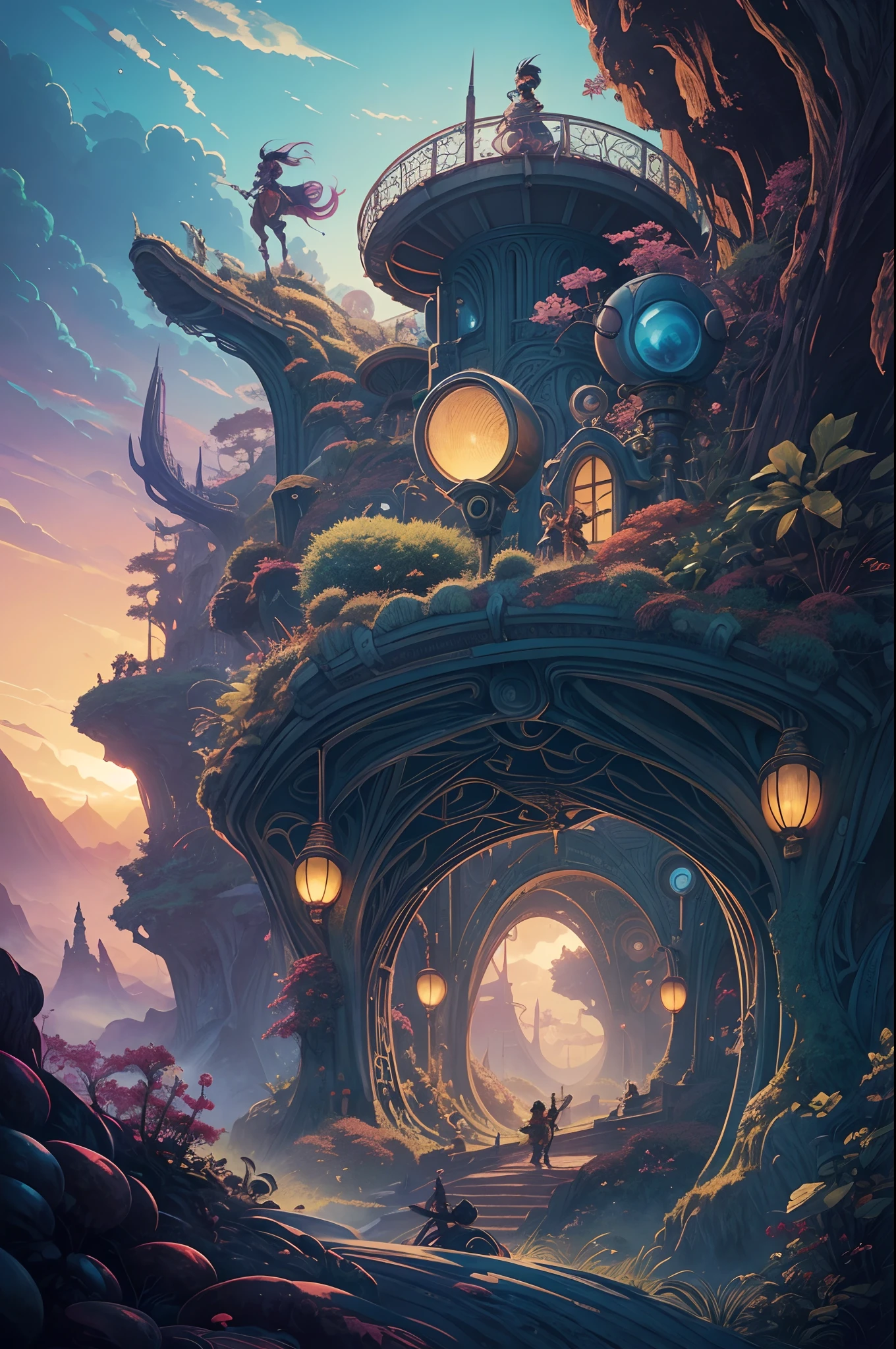 high quality, highly detailed, Imagine a mesmerizing illustration inspired by the fusion of Yoko Honda, Sir John Tenniel, and Frank Frazetta, blend Honda's retro-futuristic aesthetic, Tenniel's iconic and whimsical characters from Alice in Wonderland, and Frazetta's dynamic and epic fantasy style, The central theme revolve around a surreal journey through a vibrant and otherworldly landscape, featuring characters with a nostalgic yet futuristic twist, set against a backdrop of fantastical realms and imaginative creatures, The color palette would be a harmonious combination of Honda's neon-infused retro tones, Tenniel's classic and whimsical colors, and Frazetta's rich and dramatic hues, by yukisakura, high detailed,