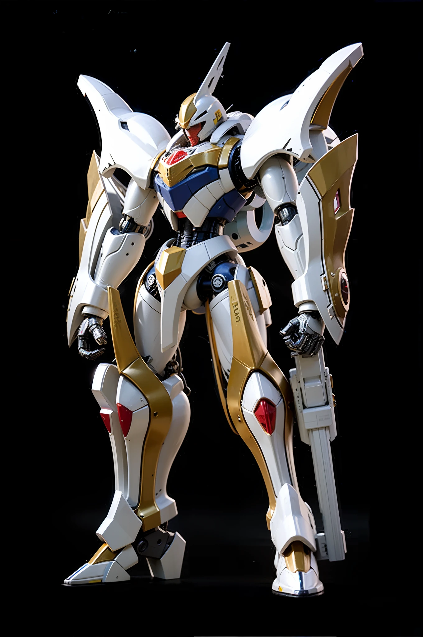 Ultra-realistic technological mecha robot, com partes de metais brancas, douradas e pretas, vidro vermelho no peito e joelhos