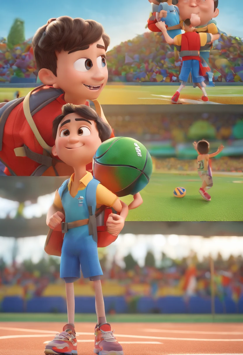 12 years old boy with backpack and basketball in front of the crowd, 3D cinematic animation, Animated Movies, pixar 3 d animation style, Pixar render, Maya 8000, Animated Movies, disney pixar 3d style, Running around the pitch with a smile on his face, In another photo，The same boy hugged a teacher