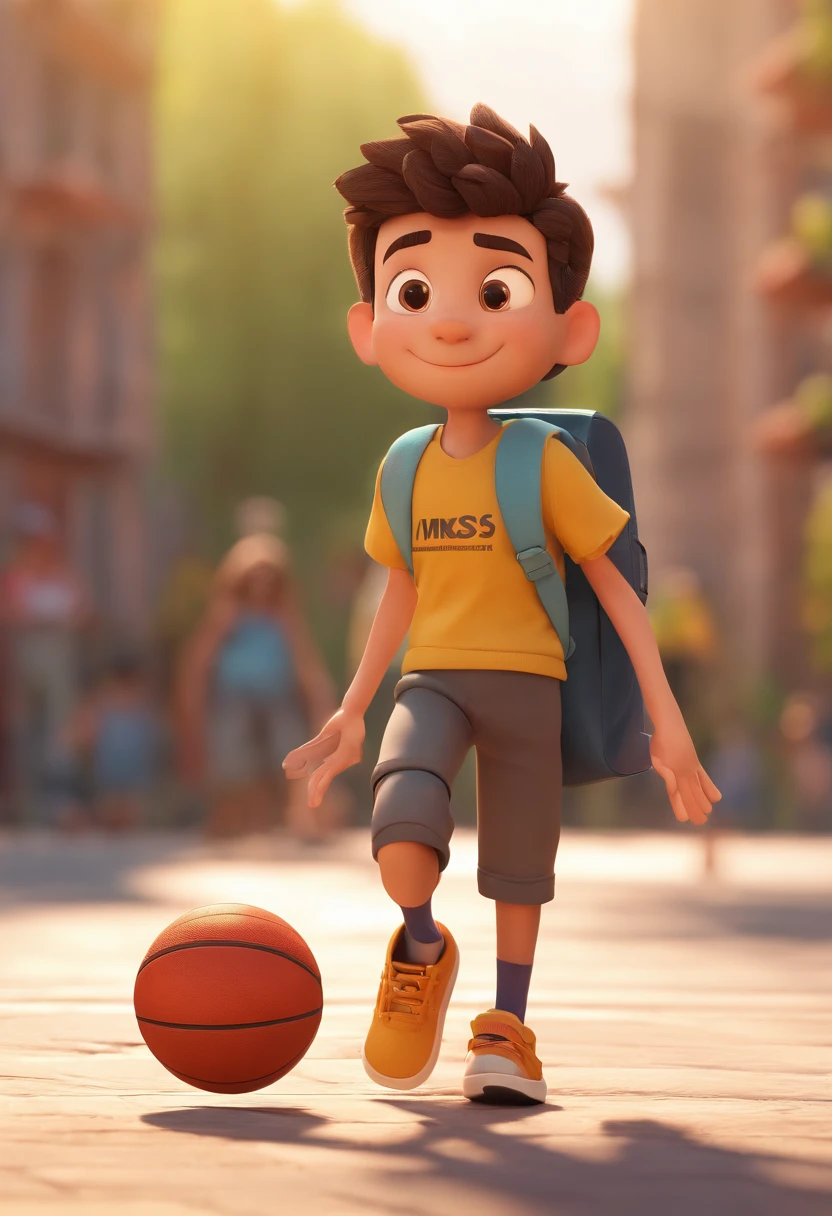 12 years old boy with backpack and basketball in front of the crowd, 3D cinematic animation, Animated Movies, pixar 3 d animation style, Pixar render, Maya 8000, Animated Movies, disney pixar 3d style, Running around the pitch with a smile on his face, In another photo,The same boy hugged a teacher