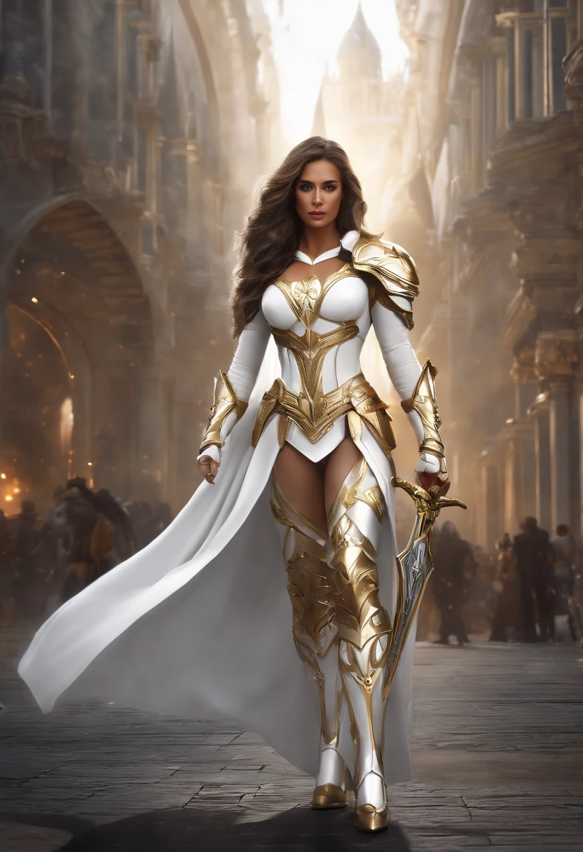 A superhero, beautiful woman, dressed mainly in white, secondary colors of silver, golden and black, in fantasy city, highly detailed, digital art, looking at viewer, femme, artstation style, intrincate details, heavy armor, magic sword
