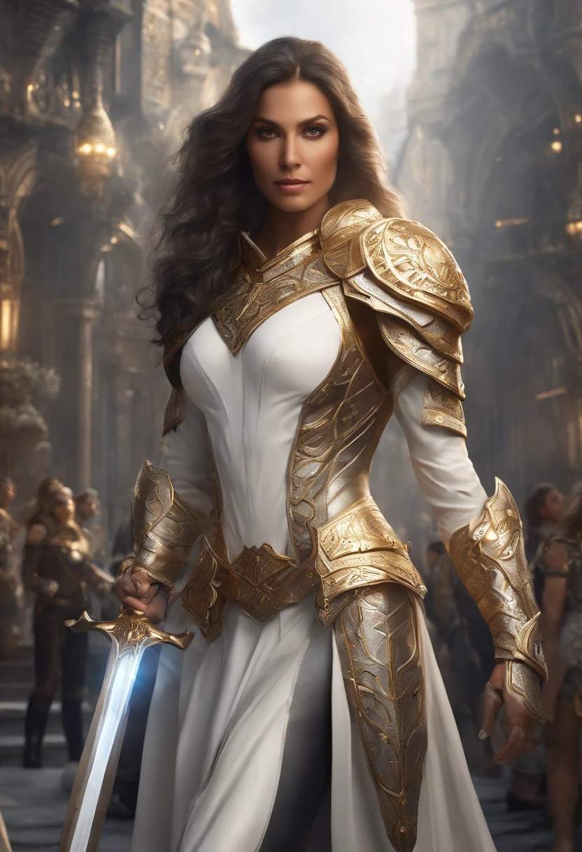 A superhero, beautiful woman, dressed mainly in white, secondary colors of silver, golden and black, in fantasy city, highly detailed, digital art, looking at viewer, femme, artstation style, intrincate details, heavy armor, magic sword