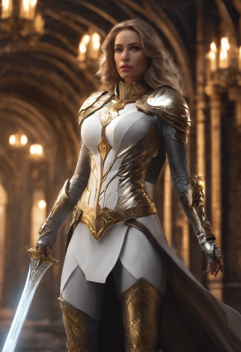A superhero, beautiful woman, dressed mainly in white, secondary colors of silver, golden and black, in fantasy city, highly detailed, digital art, looking at viewer, femme, artstation style, intrincate details, heavy armor, magic sword