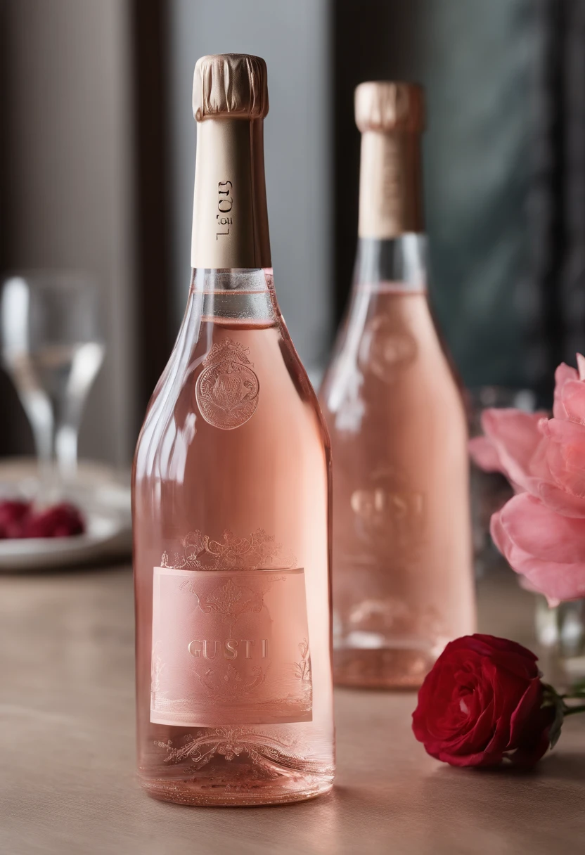 Transparent long neck 25cl bottle with sparkling rosé inside with the word Gusti as labels