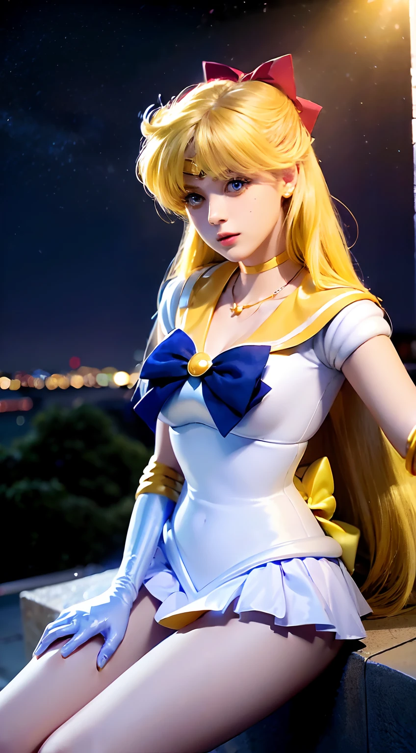 ((​masterpiece:1.4)、(top-quality:1.4)、(reallistic:1.7))、masuter piece:1.4、a beauty girl、(Sailor Moon:1.4)、Tsukino Usagi、Body Fit Sexy Sailor Senshi Uniform、(latex shiny)、(The jacket is a white sleeveless sailor suit)、(Skirt is blue sexy ultra ultra mini skirt)、The collar of the sailor suit is blue with two thin lines.、high leg swimsuit、Red cloth ornament at chest、(Wearing white gloves)、Kawaii Girl、Super beauty、foco nítido、Portrait photos、Upper body photography:1.4、Beautiful expression、beautidful eyes、Narrow waist、(Yellow hair:1.4)、(length hair:1.2)、Raw photo、red-lips、Red high heels:1.4、a choker:1.4、a necklace:1.4、耳Nipple Ring:1.4、Luxurious golden tiara on forehead:1.4、1 screen display、Outdoor landscape