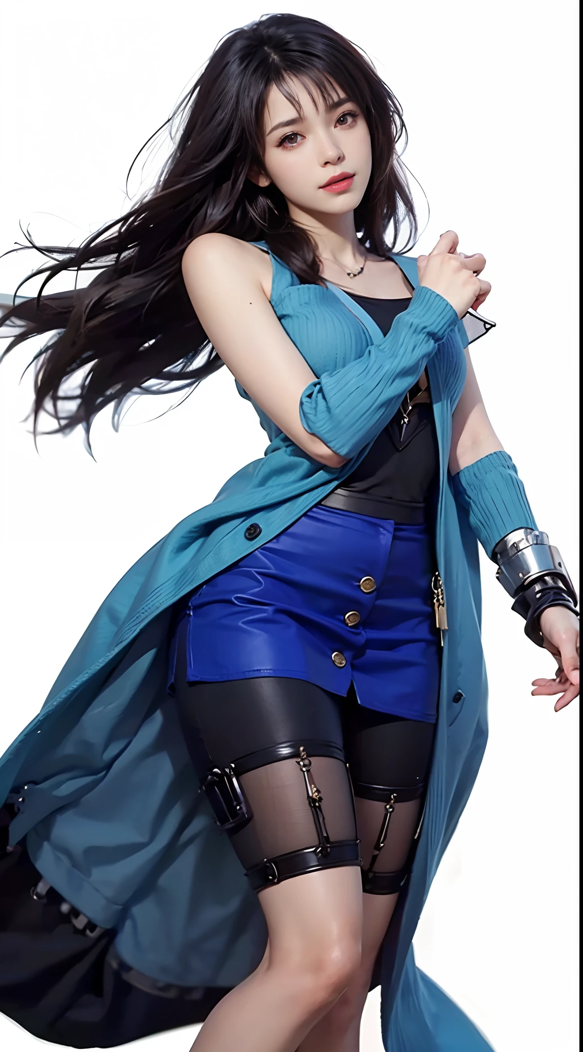 1 adult woman, With black eyes, Rinoa in Final Fantasy, Smile and squint, Handsome, with long black hair, (slicked back hairstyle) and an off-shoulder blue long cardigan, Beautiful and delicate woman in Demon Slayer art, Mechanic Machine Cyborg Fusion, Jestic Live Graphics, Realistic, Dynamic Pose, Realistic, Detailed and correct facial structure, Blade Ornament, Attractive, Cinematic lighting, Unreal Engine, Trending on ArtStation, Intricate details, masutepiece, Best Quality, By Irakli Nadar, Greg Rutkowski,(((Best Quality))),(((ultra-detailliert))),(((masutepiece)))