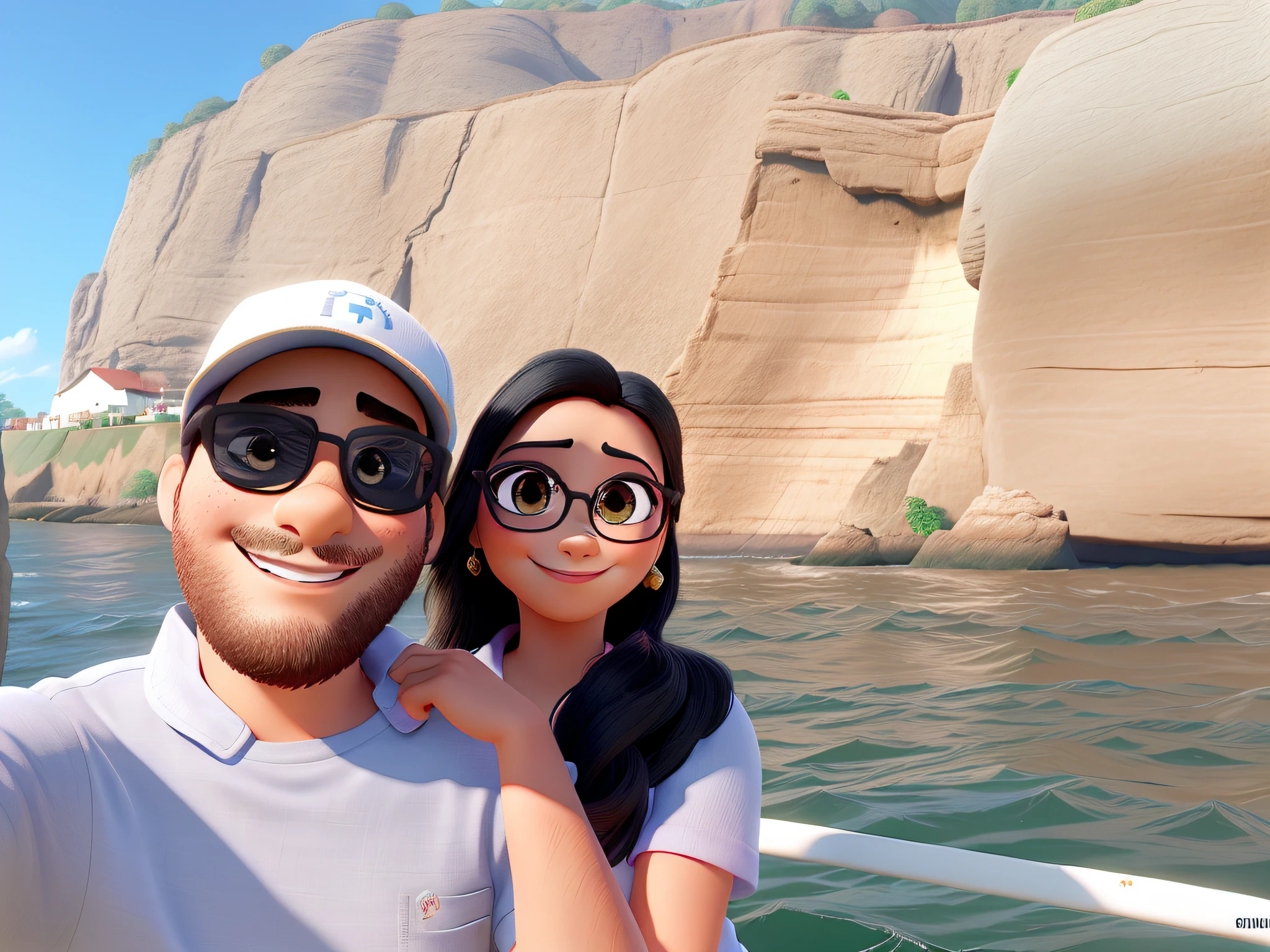 a couple on the banks of the São Francisco River, sem o chuveiro, in the background cliffs, num dia ensolarado, um belo sorriso, uma linda mulher morena, estilo disney pixar alta qualidade, melhor qualidade