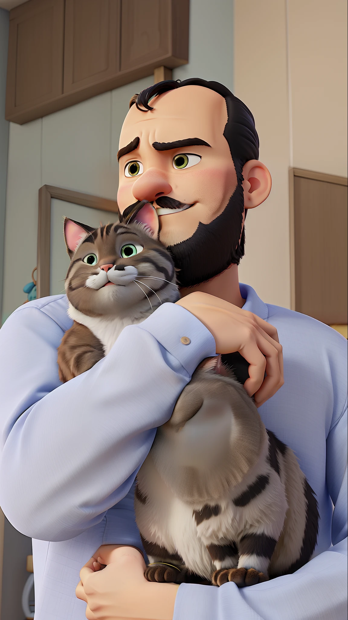 Homem de anime segurando um gato cinza, poster estilo disney pixar, alta qualidade