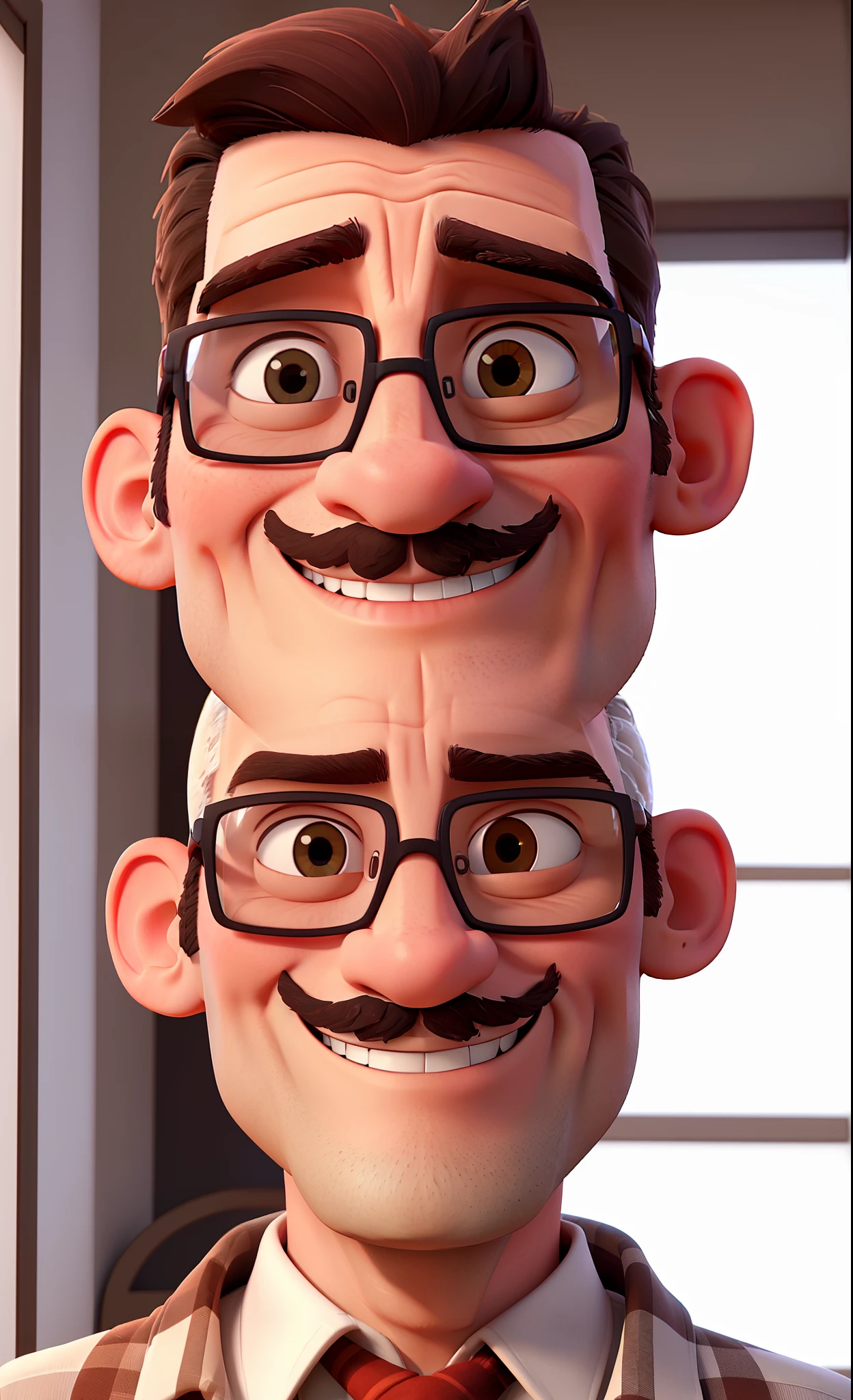 Man Face with goatee, glasses and bald, age 50 years old, brown eyes and white teeth, smiling
