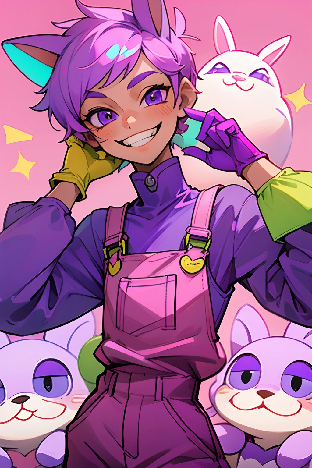 kpop boy wearing a soft purple turtle neck outfit, with a pink fuchsia-colored overalls , yellow gloves, smile with teeth, purple rabbit ear, smirk rizz face, attractive pose cannot be ressist