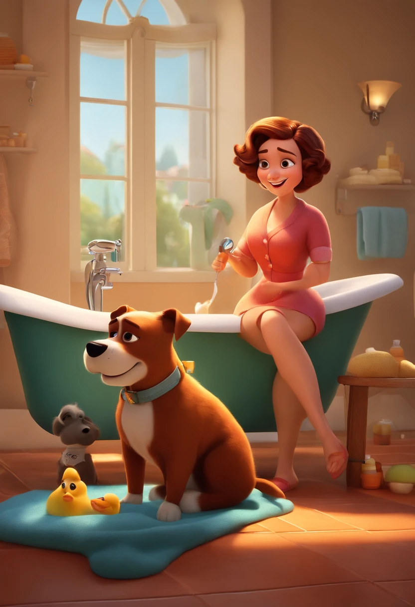 Make a chubby woman with short hair working in a bath and grooming , como Disney Cartoon, She's cutting the hair of a cute Pixar dog, ....3d, Disney, Cartaz da Pixar