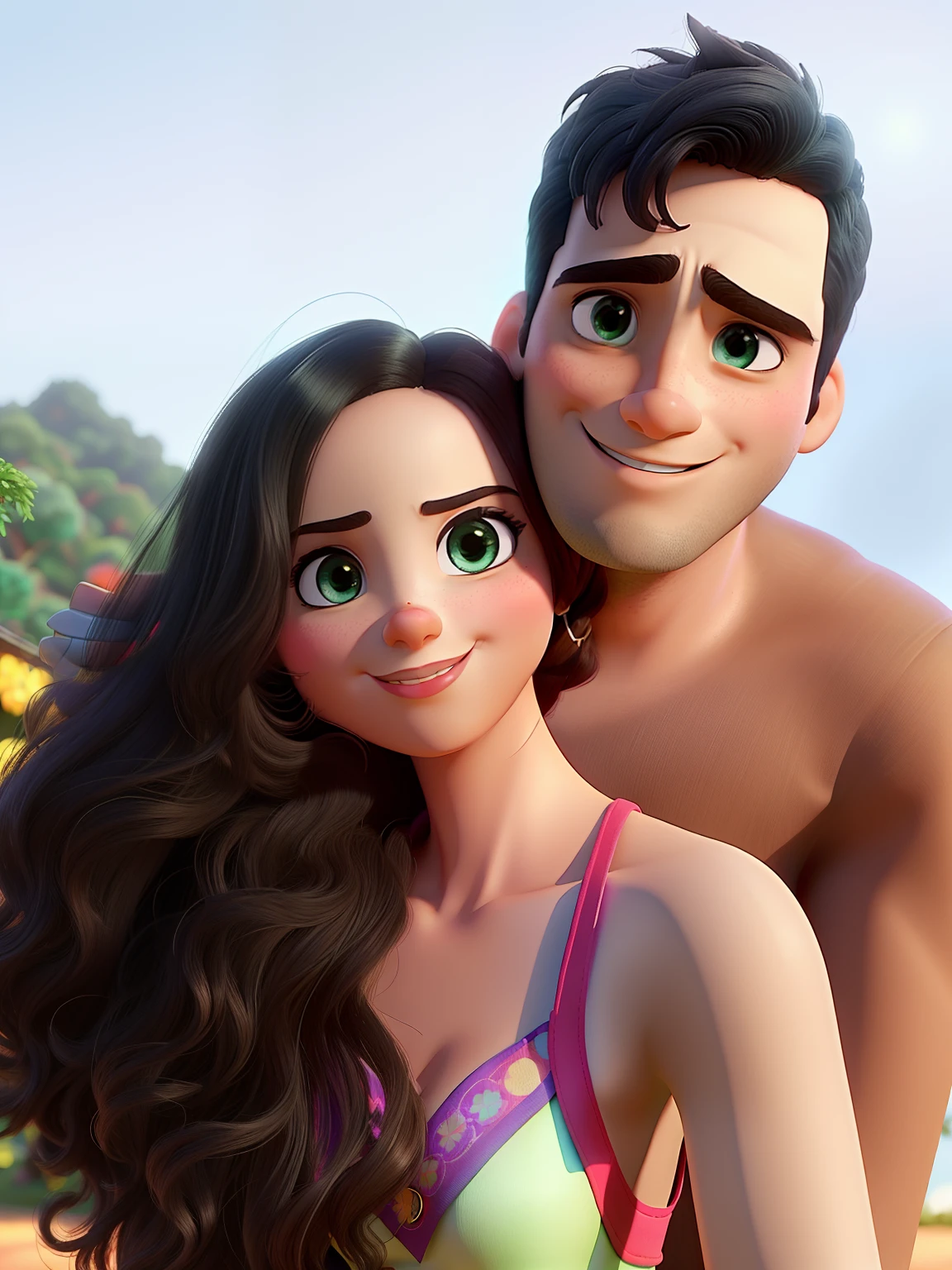 Um casal mulher e homem no estilo disney pixar, iluminado pela luz do sol, Against the backdrop of greenery
