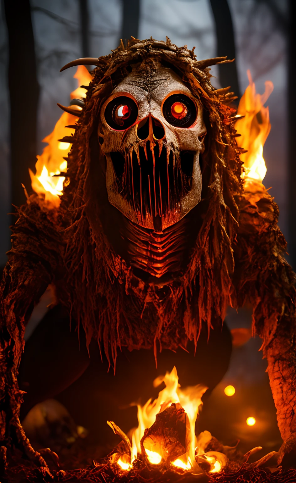 The chattering skull of a groundhog, haunted with glowing eyes, (undead creature:1.5),  on fire, happy Halloween!, very scary, feared, I'm afraid, realistic, witchcraft, 8k photography, mouth open, shocked, dead ghoul, half living, monster, (evil:1.5)