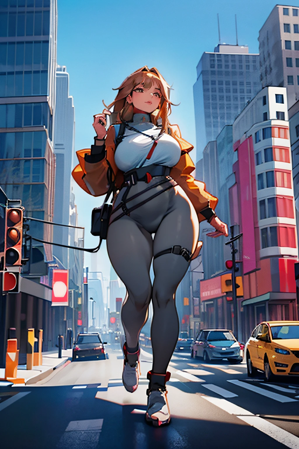 (huge, giantess size gorgeous woman:1 )walking near tiny skycrapper 8k, masterpiece, higly realistic, higly detailed, 8k
