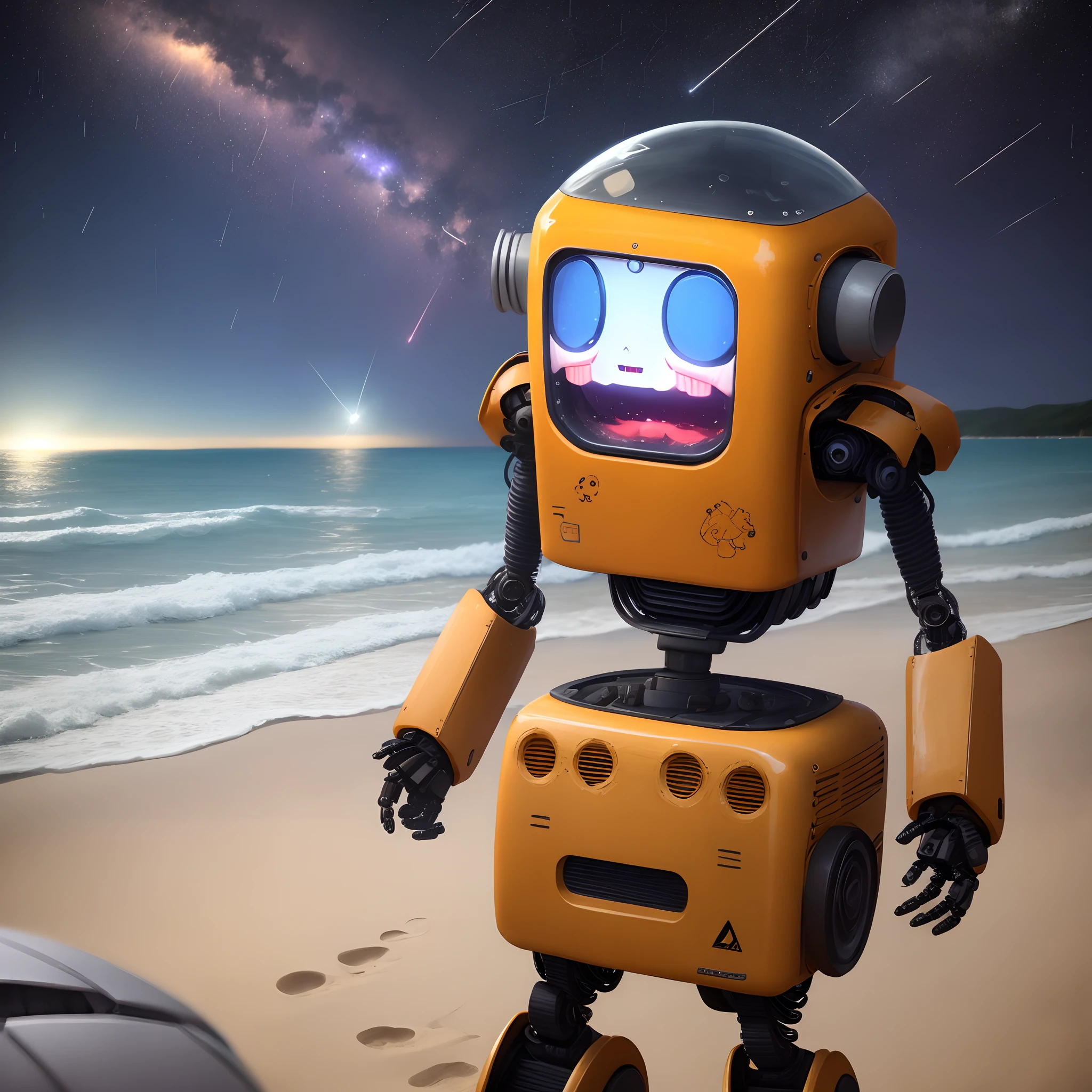 A cheerful robot crying on the beach during a meteor shower