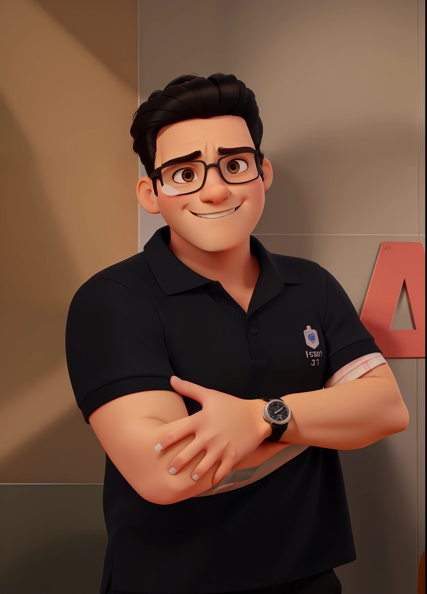 Gostaria de uma imagem estilo Disney Pixar em 3D em 4K, with the theme César the physiotherapist. 
The setting is a classroom with stretchers and students learning how to massage.
The main character is a man, Japanese, com aproximadamente 30 anos. Her skin is light brown, olhos castanhos, usa oculos retangular com aro preto, Her hair is black and short with a topknot in the front.
The character's outfit is a white polo shirt, Black pants and wears watch on left arm.