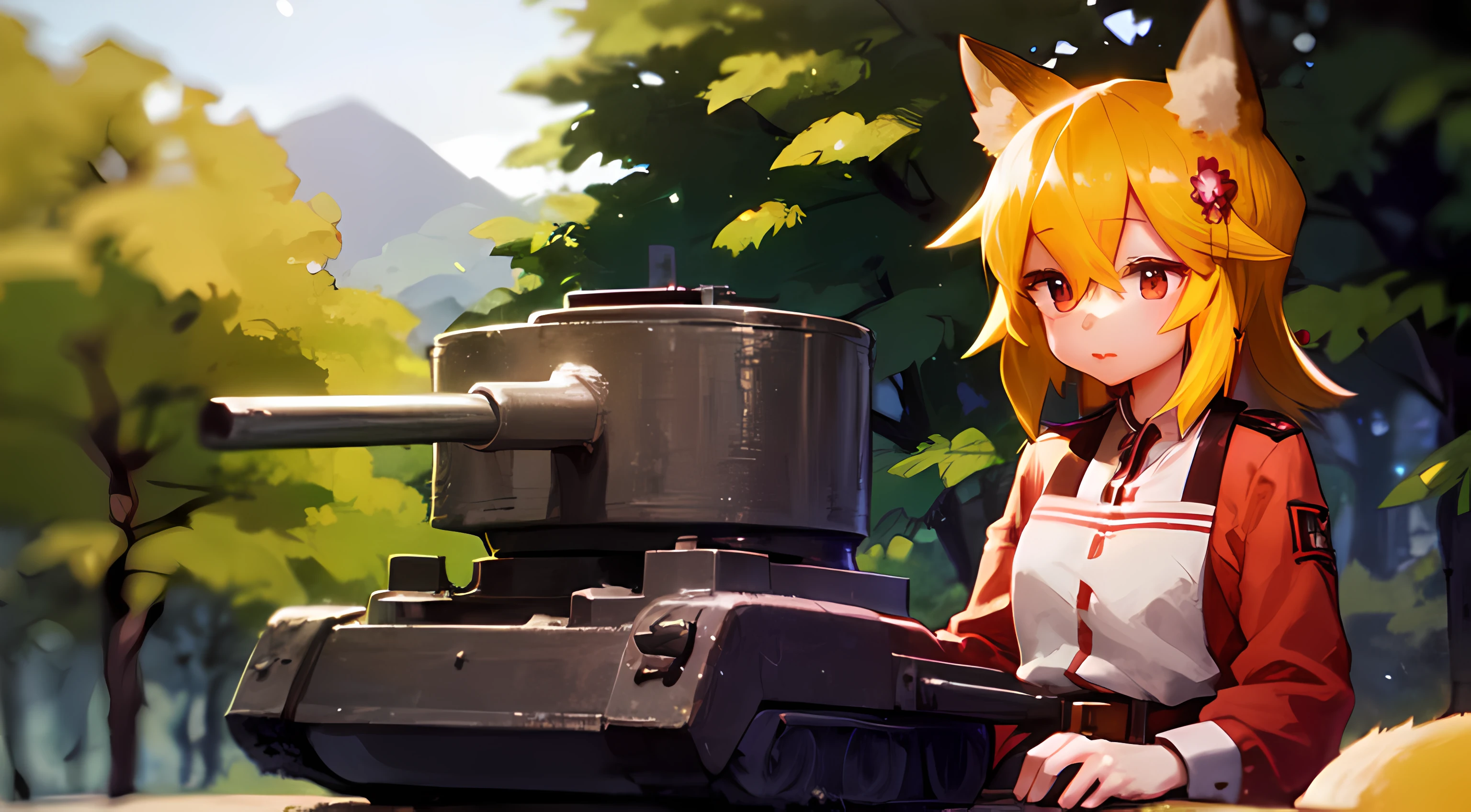 (Best Quality,4k,8K,hight resolution,Masterpiece:1.2),Ultra-detailed,1.37),Russian Military Green Uniform,Beautifully detailed uniforms,Military Fox Girl,Highly detailed artillery, Soviet Tanks,Cannon in the Forest,with birches and pines,one girls, doesn't lie, looks directly at the viewer, Fox ears
