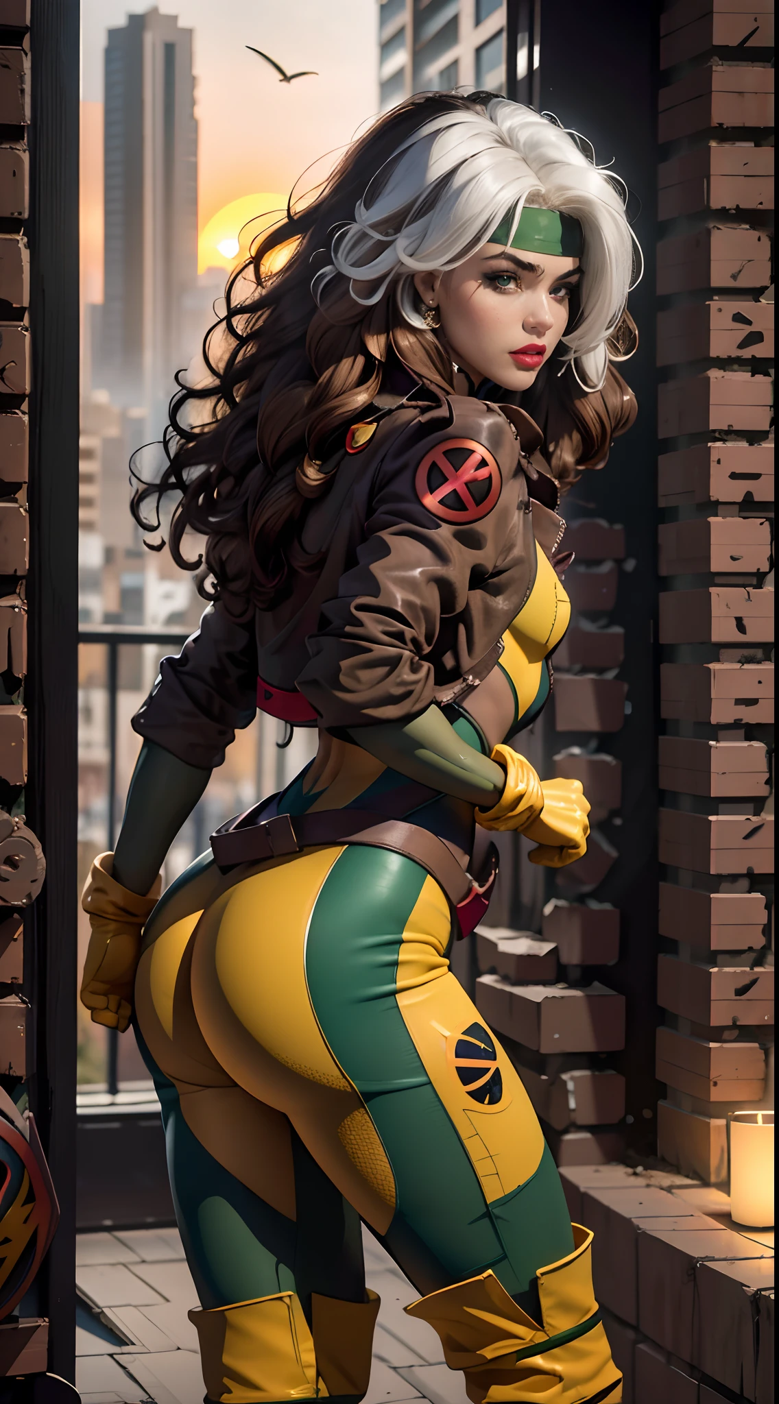 rear view, backside view,dibujos animados_x_mientras_Pillo,ownwaifu, Vista de cuerpo completo, Cabello largo, brown hair, ojos verdes, lipstick, maquillaje, labios, Raya blanca en el cabello, cinta, cabello ondulado, cabello desordenado, cabello rizado, Senos medianos a grandes, Figura curva, ((Kelli Berglund:Bailee Madison:0.5)), Traje amarillo, chaqueta, Guantes, beltt, Guantes amarillos, Traje verde, (bodysuit:1.4), Traje multiColor, (Superhero:1.4), Piel apretada, Ropa multiColor, Background of garden and wisteria, Arte Oficial, fondo de pantalla CG 8k extremadamente detallado, Perfect lighting, De Color, brillante_frente_cara_luci, piel brillante, (Obra maestra:1.0), (mejor_Quality:1.0), ultra-high-resolution, 4k , Ultra detallado, Cinematographer, 8k, HDR, Altas Resoluciones, (absurdos:1.2), Kodak Portra 400, Film grain, fondo borroso, (Bokeh:1.2), Destello de lente, (Vibrante_Color:1.2), profesional photography, (Beautiful_cara:1.5),More detailed 8K.motor irreal:1.4,UHD,La mejor calidad:1.4, fotorrealista:1.4, textura de la piel:1.4, obra maestra:1.8,obra-prima, mejor calidad,objeto Objeto], (detailed face features:1.3),(Antecedentes  Apocalyptic destroyed city:1.4), (puesta de sol Apocalyptic:1.4)