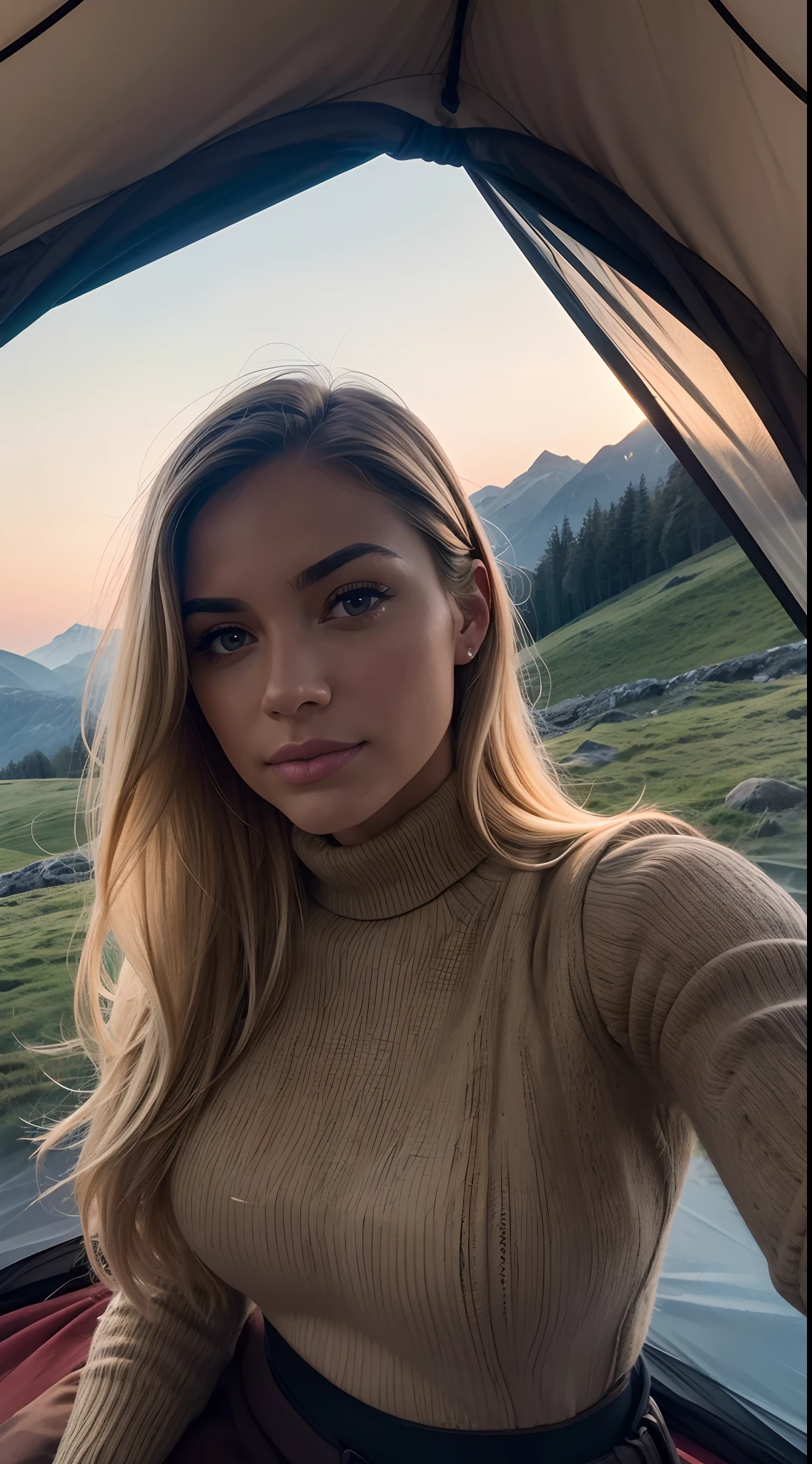 1 woman, American, beautiful, ((upper body selfie, happy)), Filming in a tent, Beautiful backlight, Tent Open Sign,Masterpiece, Best Quality, Ultra-detailed, Solo, exteriors, (natta), mountains, Nature, (sao, the moon) cheerful, happy,, Cosy in a sleeping bag, Inside the tent, When you open the tent, You can see some nice horsemen outside.., woods, rock formations, rivers, wood, smoke, shadowy, contrast, clear skies, analog style (looking up at viewer:1.2) (skin texture) (film grain:1.3), (warm hue, warm tone:1.2), close-up, Cinematic light, Sidelighting, The ultra-Highres, best shadows, ..raw, upper half body, wearing pullover, Relaxed and intimate photos, blonde hairs,