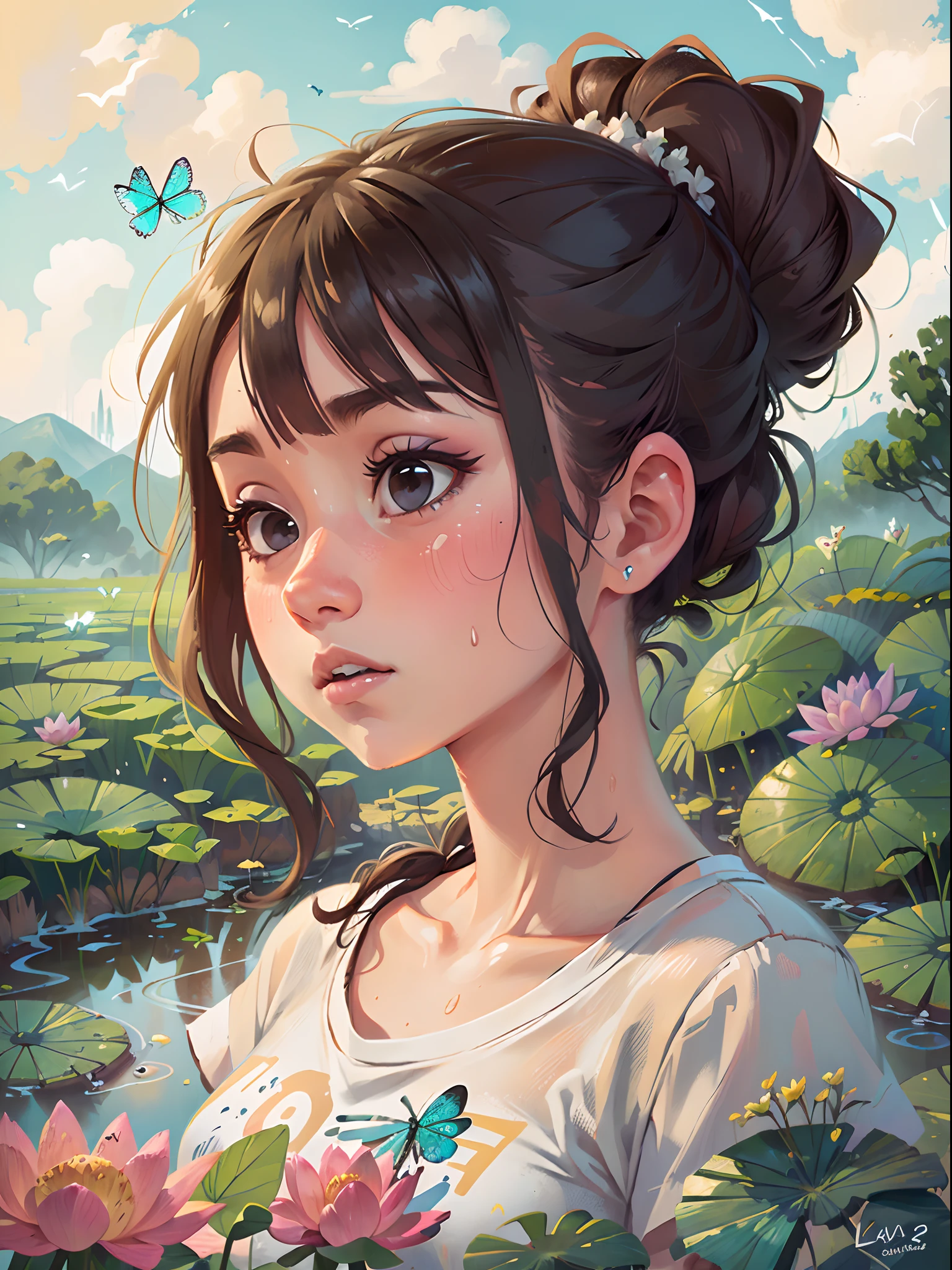 (Best Quality, Masterpiece), Vast Landscape Photo, (From below, Sky above, Lotus Pond below), (A Girl, Solo: 1.2), Black Ponytail, White T-Shirt, (Perfect Face, Detailed Skin, Realistic: 1.2), Character Ratio 0.6, Summer Country, Lotus, Frog, Dragonfly, Cool Clothes, Sweat on Face, Delicate Beauty, Colorful