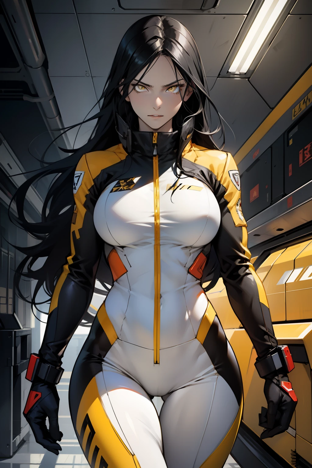 1 girl, black hair, yellow eyes, very long hair, pale skin, fit body, slender body, slim waist, large breasts, (confident expression), pilot suit, thigh gap, bare thighs,
